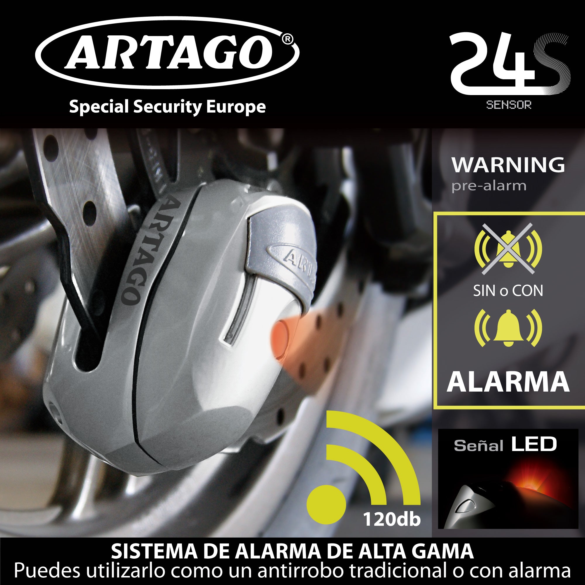 ARTAGO 24S.6M Candado Moto Sin/Con Alarma Don't Touch 120dB, LED Oscuridad, Más Impermeable, Pila Larga Duración, Antirrobo Moto Disco Cerradura Tapa Deslizante, Pinza Cepo Bloqueo 6mm Universal