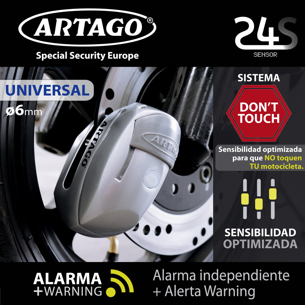 ARTAGO 24S.6M Candado Moto Sin/Con Alarma Don't Touch 120dB, LED Oscuridad, Más Impermeable, Pila Larga Duración, Antirrobo Moto Disco Cerradura Tapa Deslizante, Pinza Cepo Bloqueo 6mm Universal