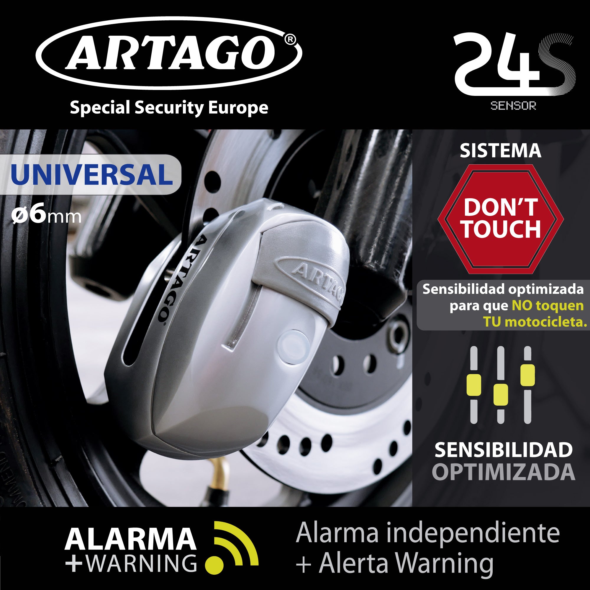 ARTAGO 24S.6M Candado Moto Sin/Con Alarma Don't Touch 120dB, LED Oscuridad, Más Impermeable, Pila Larga Duración, Antirrobo Moto Disco Cerradura Tapa Deslizante, Pinza Cepo Bloqueo 6mm Universal