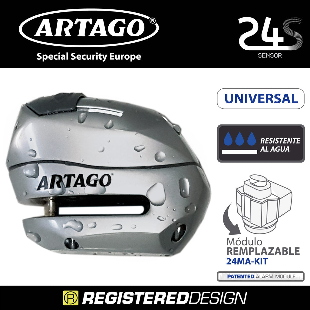 ARTAGO 24S.6M Candado Moto Sin/Con Alarma Don't Touch 120dB, LED Oscuridad, Más Impermeable, Pila Larga Duración, Antirrobo Moto Disco Cerradura Tapa Deslizante, Pinza Cepo Bloqueo 6mm Universal