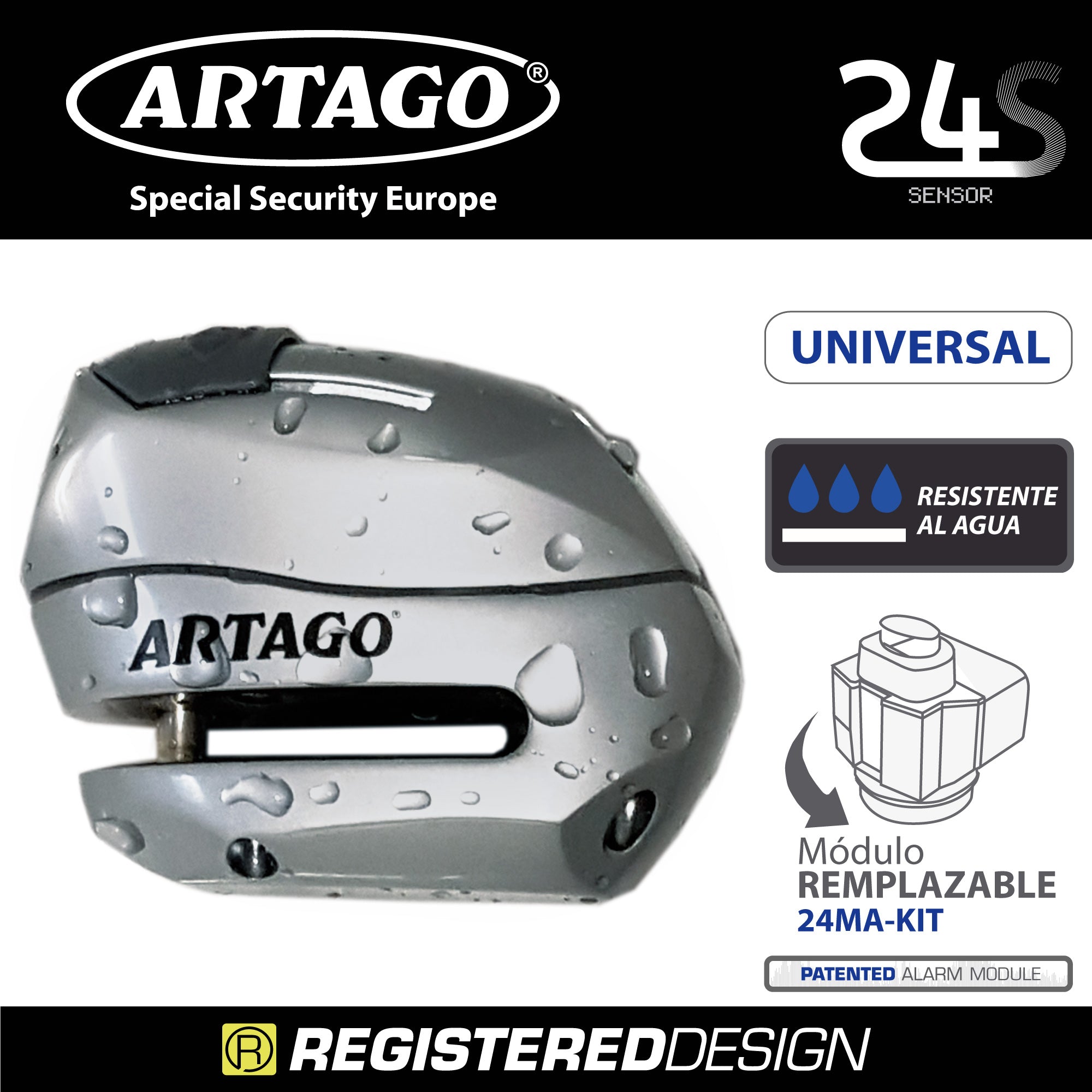 ARTAGO 24S.6M Candado Moto Sin/Con Alarma Don't Touch 120dB, LED Oscuridad, Más Impermeable, Pila Larga Duración, Antirrobo Moto Disco Cerradura Tapa Deslizante, Pinza Cepo Bloqueo 6mm Universal
