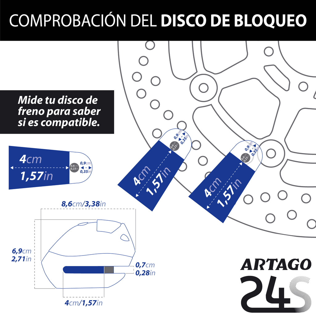 ARTAGO 24S.6M Candado Moto Sin/Con Alarma Don't Touch 120dB, LED Oscuridad, Más Impermeable, Pila Larga Duración, Antirrobo Moto Disco Cerradura Tapa Deslizante, Pinza Cepo Bloqueo 6mm Universal