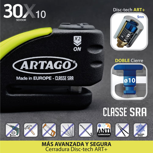 ARTAGO 30X10 Candado Moto Alta Gama, Antirrobo Disco 2en1 Sin/Con Alarma Don't Touch 120dB, Homologado SRA y Sold Secure, Anti-Taladro 5mm, Doble Cierre 10mm Acero Endurecido, Pinza Cepo Moto