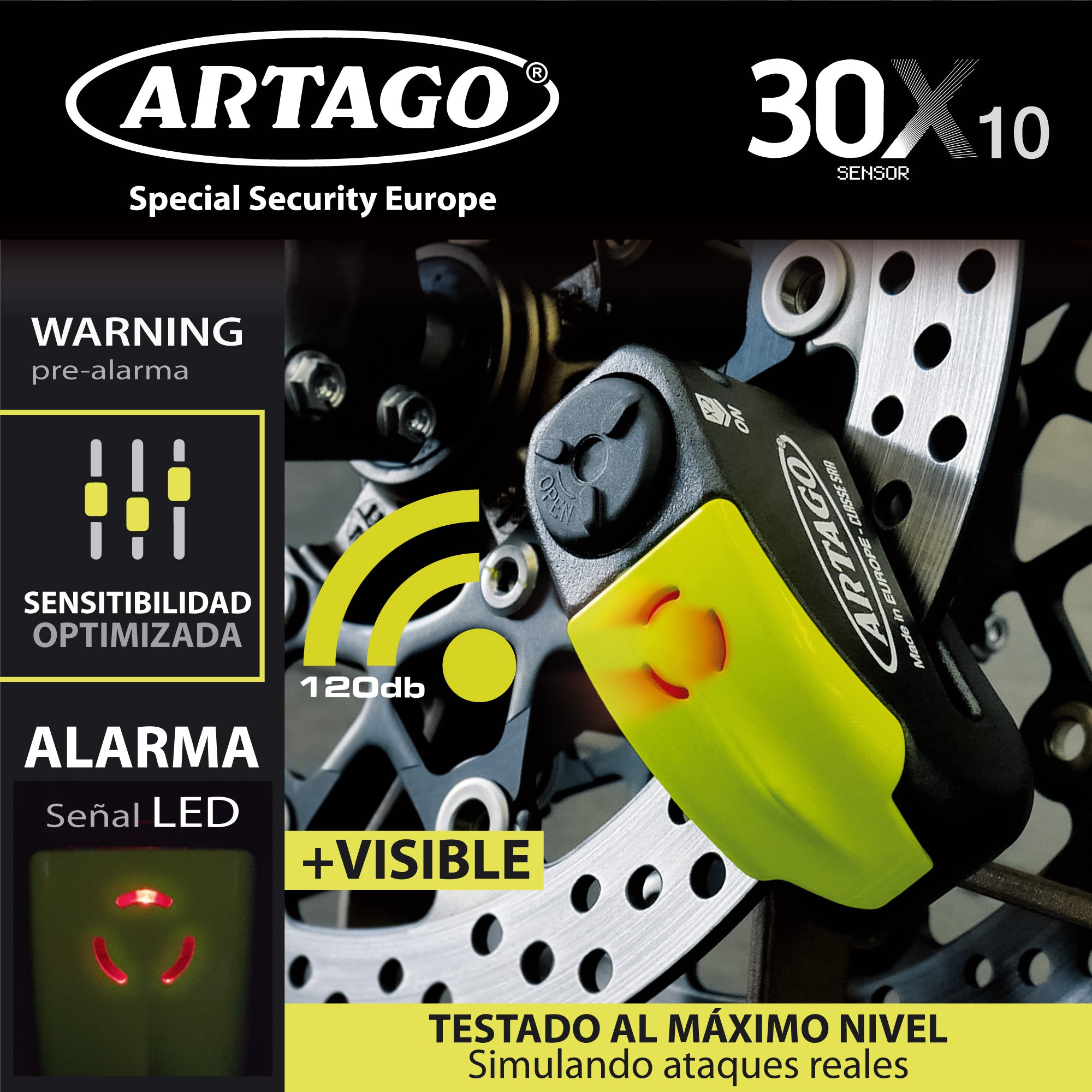 ARTAGO 30X10 Candado Moto Alta Gama, Antirrobo Disco 2en1 Sin/Con Alarma Don't Touch 120dB, Homologado SRA y Sold Secure, Anti-Taladro 5mm, Doble Cierre 10mm Acero Endurecido, Pinza Cepo Moto