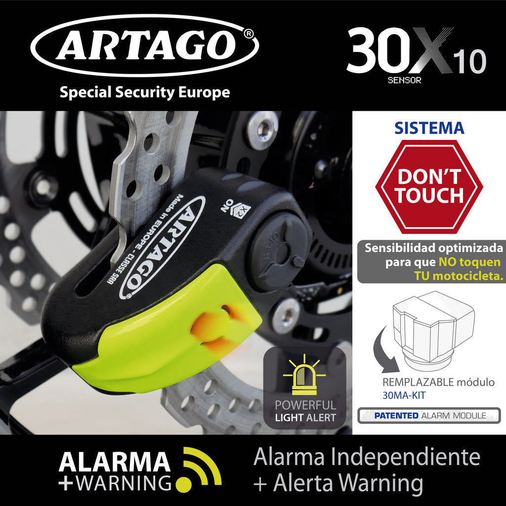 ARTAGO 30X10 Candado Moto Alta Gama, Antirrobo Disco 2en1 Sin/Con Alarma Don't Touch 120dB, Homologado SRA y Sold Secure, Anti-Taladro 5mm, Doble Cierre 10mm Acero Endurecido, Pinza Cepo Moto