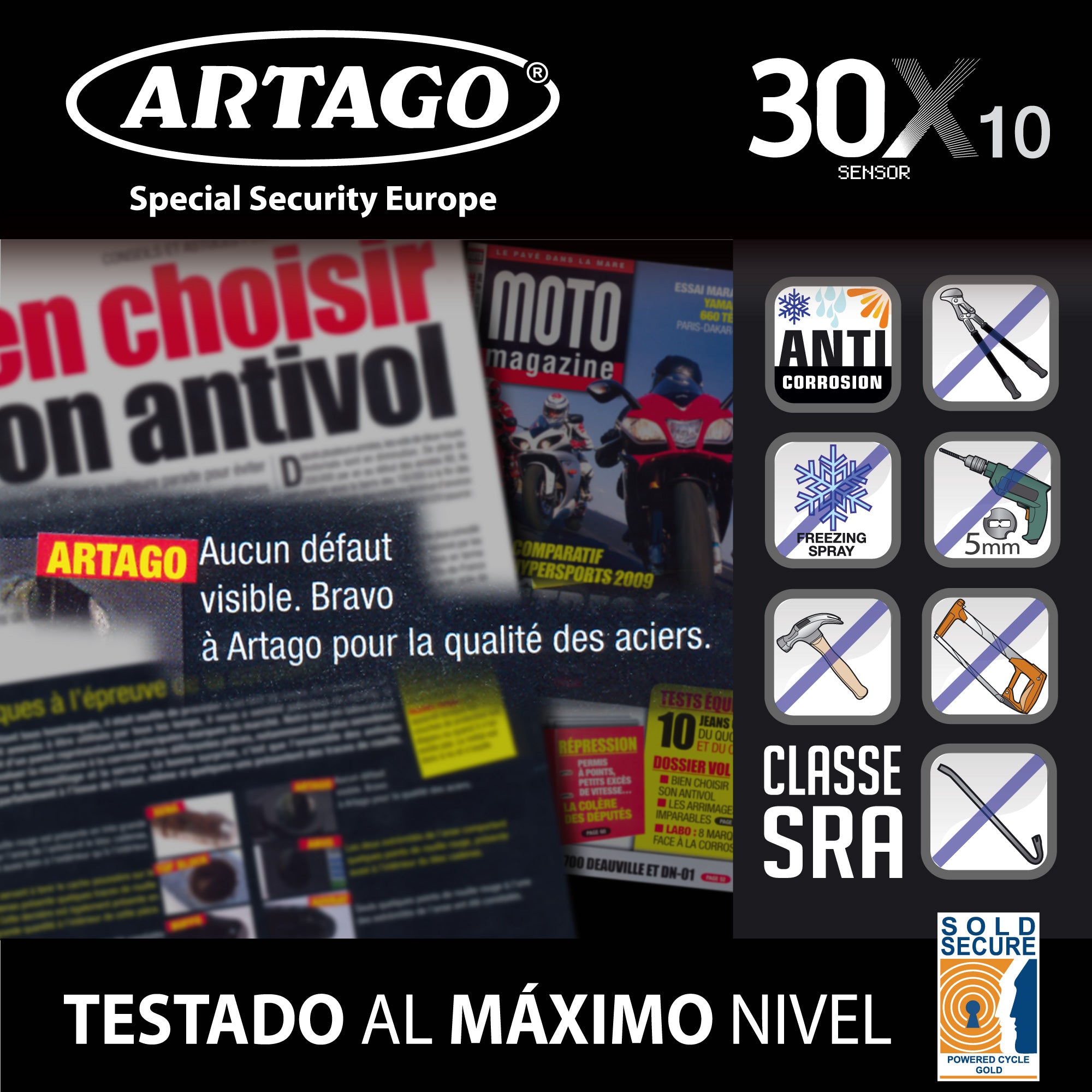 ARTAGO 30X10 Candado Moto Alta Gama, Antirrobo Disco 2en1 Sin/Con Alarma Don't Touch 120dB, Homologado SRA y Sold Secure, Anti-Taladro 5mm, Doble Cierre 10mm Acero Endurecido, Pinza Cepo Moto