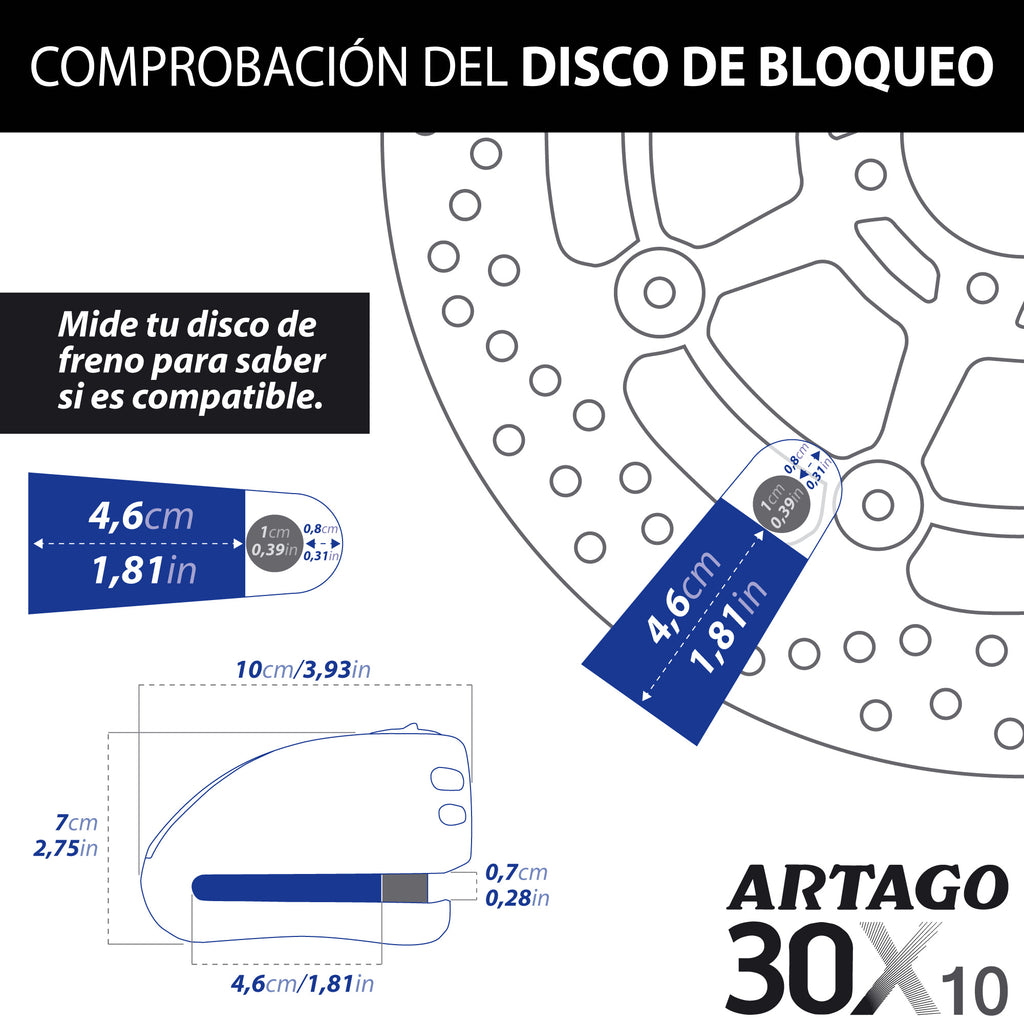 ARTAGO 30X10 Candado Moto Alta Gama, Antirrobo Disco 2en1 Sin/Con Alarma Don't Touch 120dB, Homologado SRA y Sold Secure, Anti-Taladro 5mm, Doble Cierre 10mm Acero Endurecido, Pinza Cepo Moto