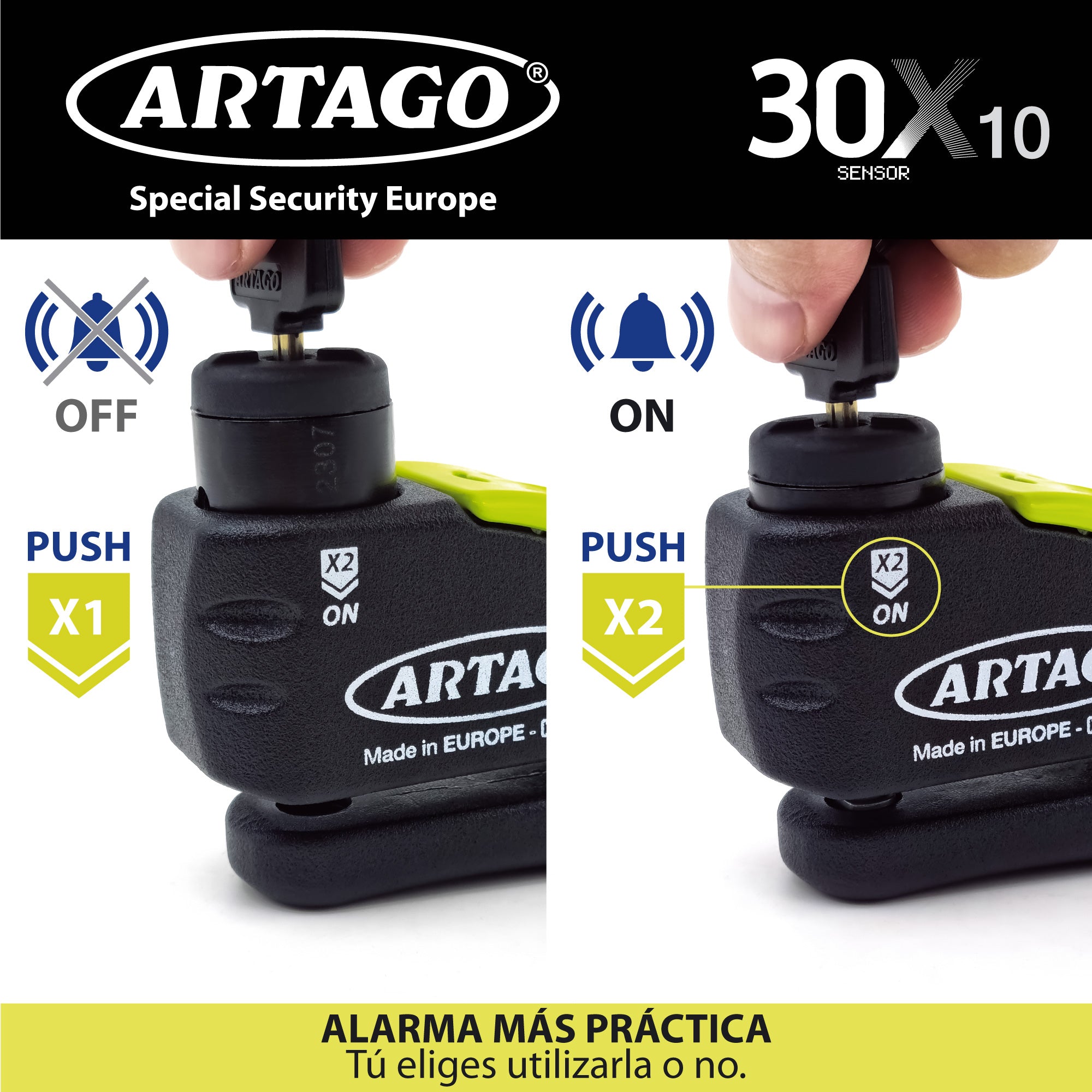 ARTAGO 30X10 Candado Moto Alta Gama, Antirrobo Disco 2en1 Sin/Con Alarma Don't Touch 120dB, Homologado SRA y Sold Secure, Anti-Taladro 5mm, Doble Cierre 10mm Acero Endurecido, Pinza Cepo Moto