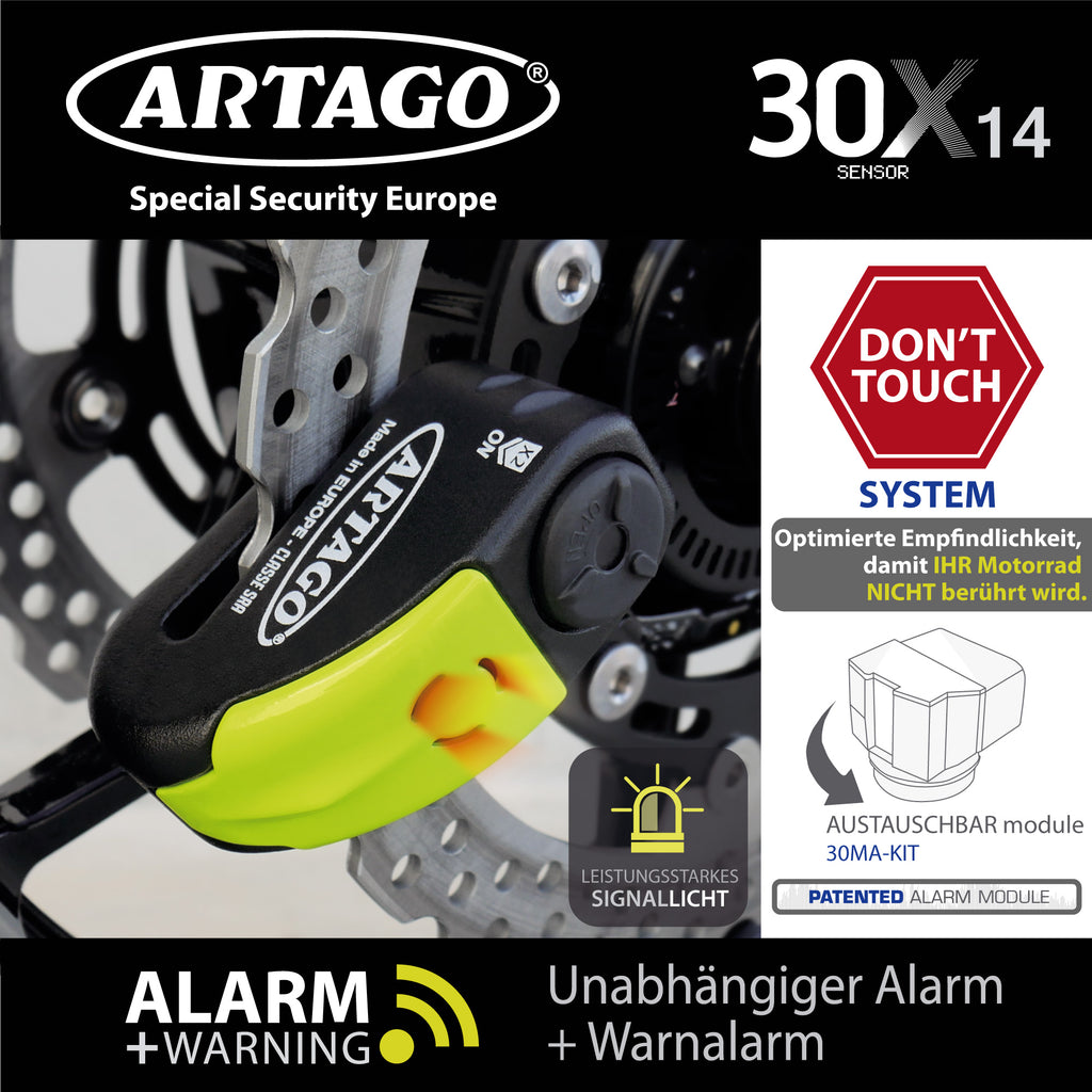 ARTAGO 30X14 Candado Moto Alta Gama, Antirrobo Disco 2en1 Sin/Con Alarma Don't Touch 120dB, Homologado SRA y Sold Secure, Anti-Taladro 5mm, Doble Cierre 14mm Acero Endurecido, Pinza Cepo Moto