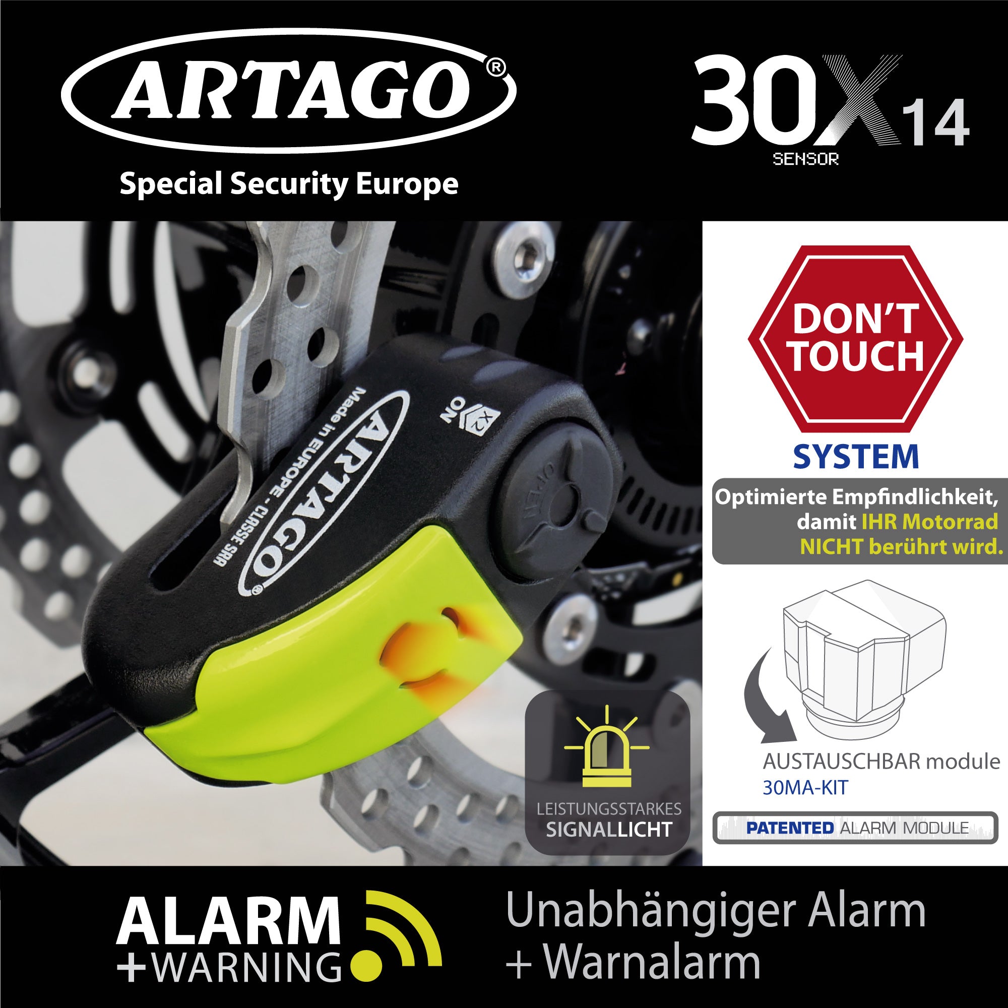 ARTAGO 30X14 Candado Moto Alta Gama, Antirrobo Disco 2en1 Sin/Con Alarma Don't Touch 120dB, Homologado SRA y Sold Secure, Anti-Taladro 5mm, Doble Cierre 14mm Acero Endurecido, Pinza Cepo Moto