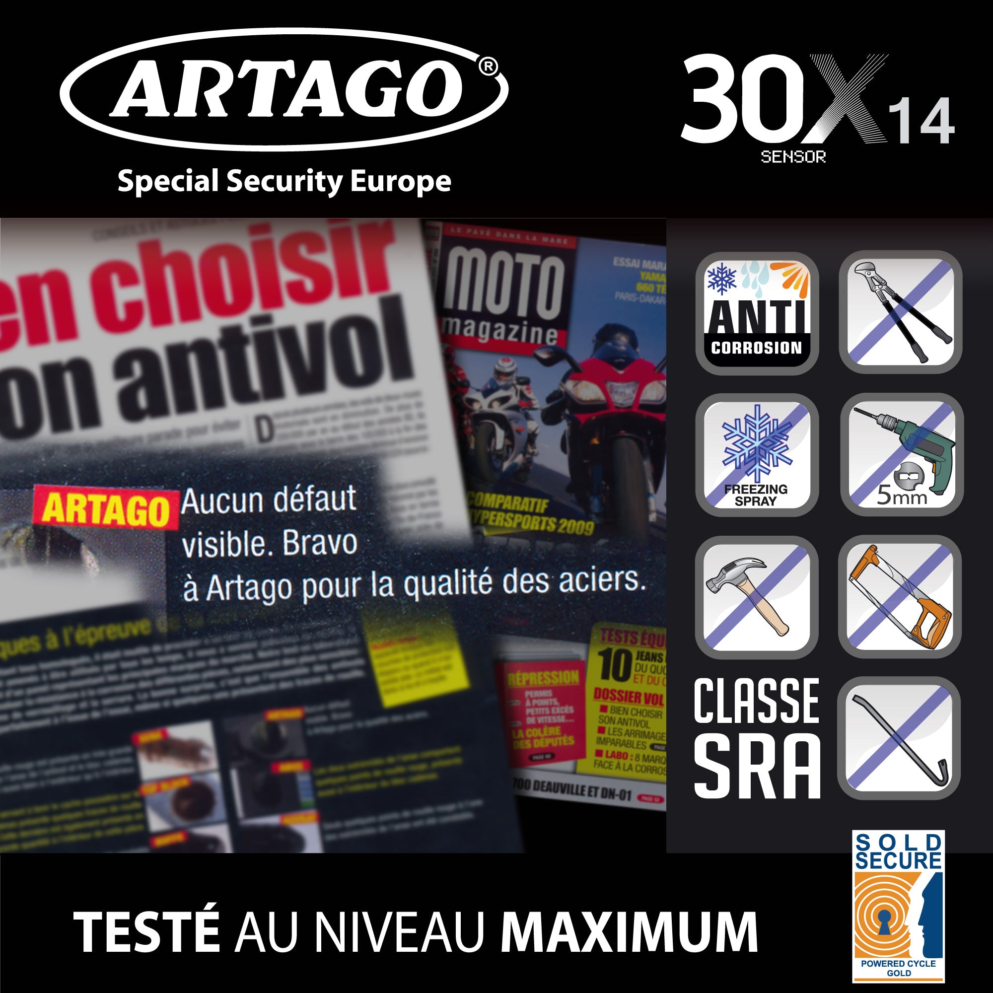 ARTAGO 30X14 Candado Moto Alta Gama, Antirrobo Disco 2en1 Sin/Con Alarma Don't Touch 120dB, Homologado SRA y Sold Secure, Anti-Taladro 5mm, Doble Cierre 14mm Acero Endurecido, Pinza Cepo Moto