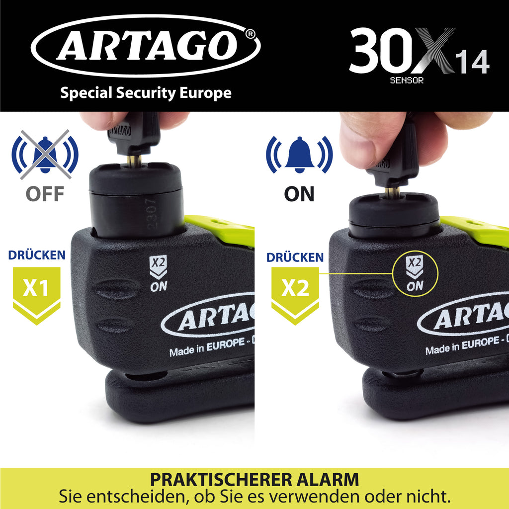 ARTAGO 30X14 Candado Moto Alta Gama, Antirrobo Disco 2en1 Sin/Con Alarma Don't Touch 120dB, Homologado SRA y Sold Secure, Anti-Taladro 5mm, Doble Cierre 14mm Acero Endurecido, Pinza Cepo Moto