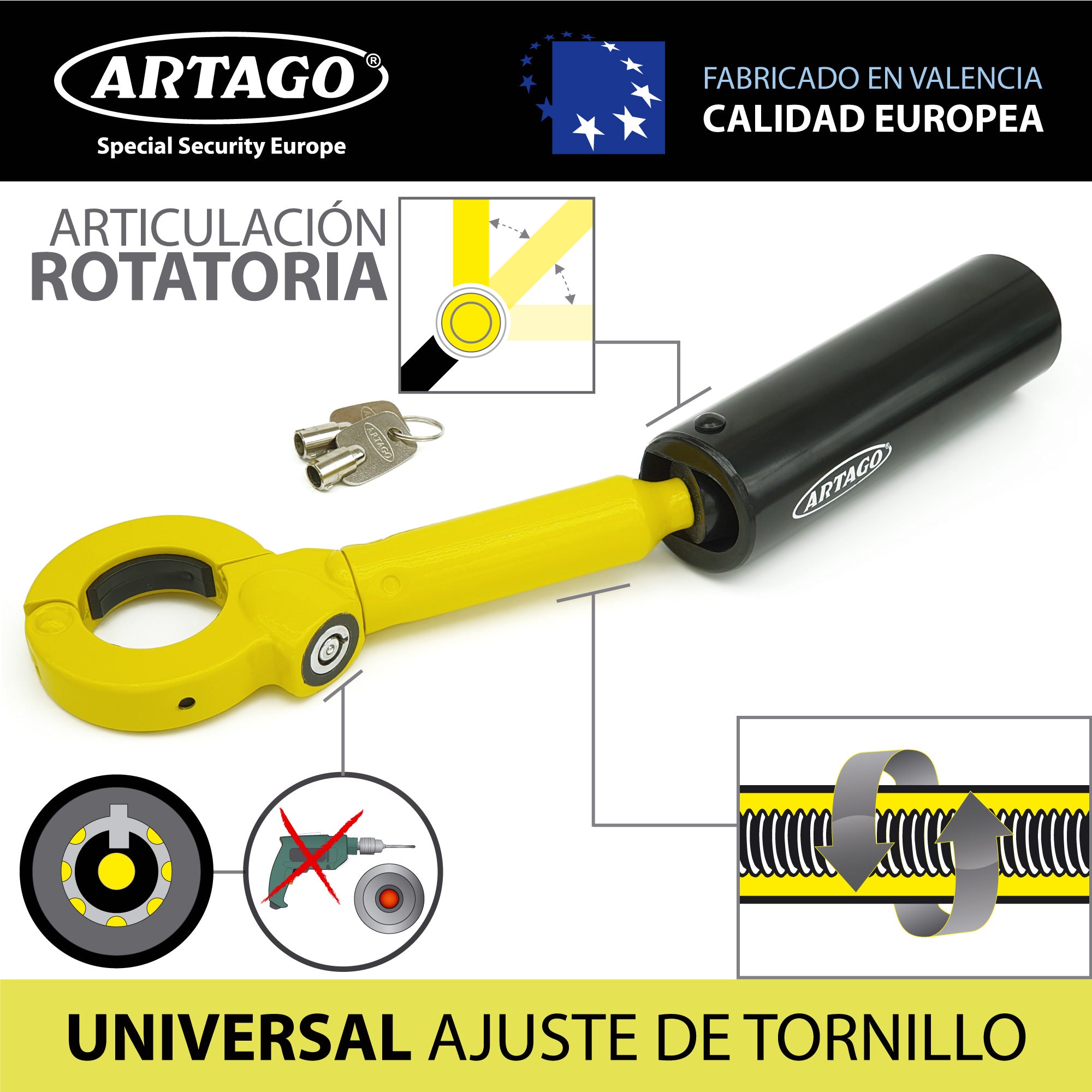 Artago 862A/B Antirrobo Coche Freno de Mano, Ajuste Rosca Más Adaptable, Cerradura Seguridad con Bola Anti-taladro, Compacto, Barra Bloqueo Palanca Cambio Freno Mano, Barra Antirrobo Automóvil SUV