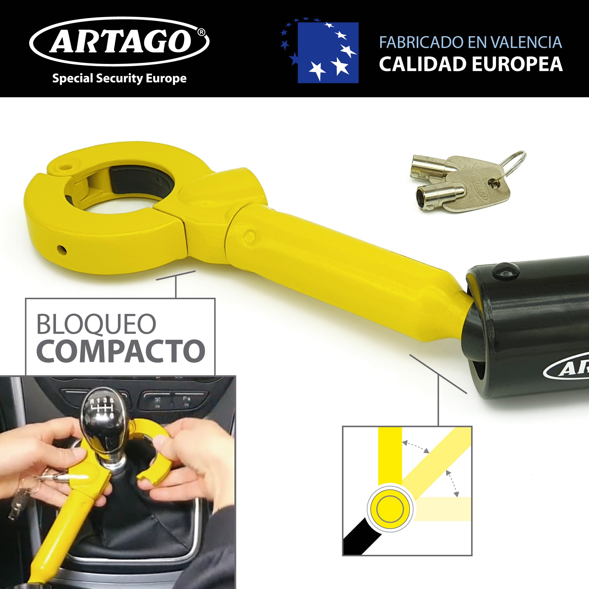 Artago 862A/B Antirrobo Coche Freno de Mano, Ajuste Rosca Más Adaptable, Cerradura Seguridad con Bola Anti-taladro, Compacto, Barra Bloqueo Palanca Cambio Freno Mano, Barra Antirrobo Automóvil SUV