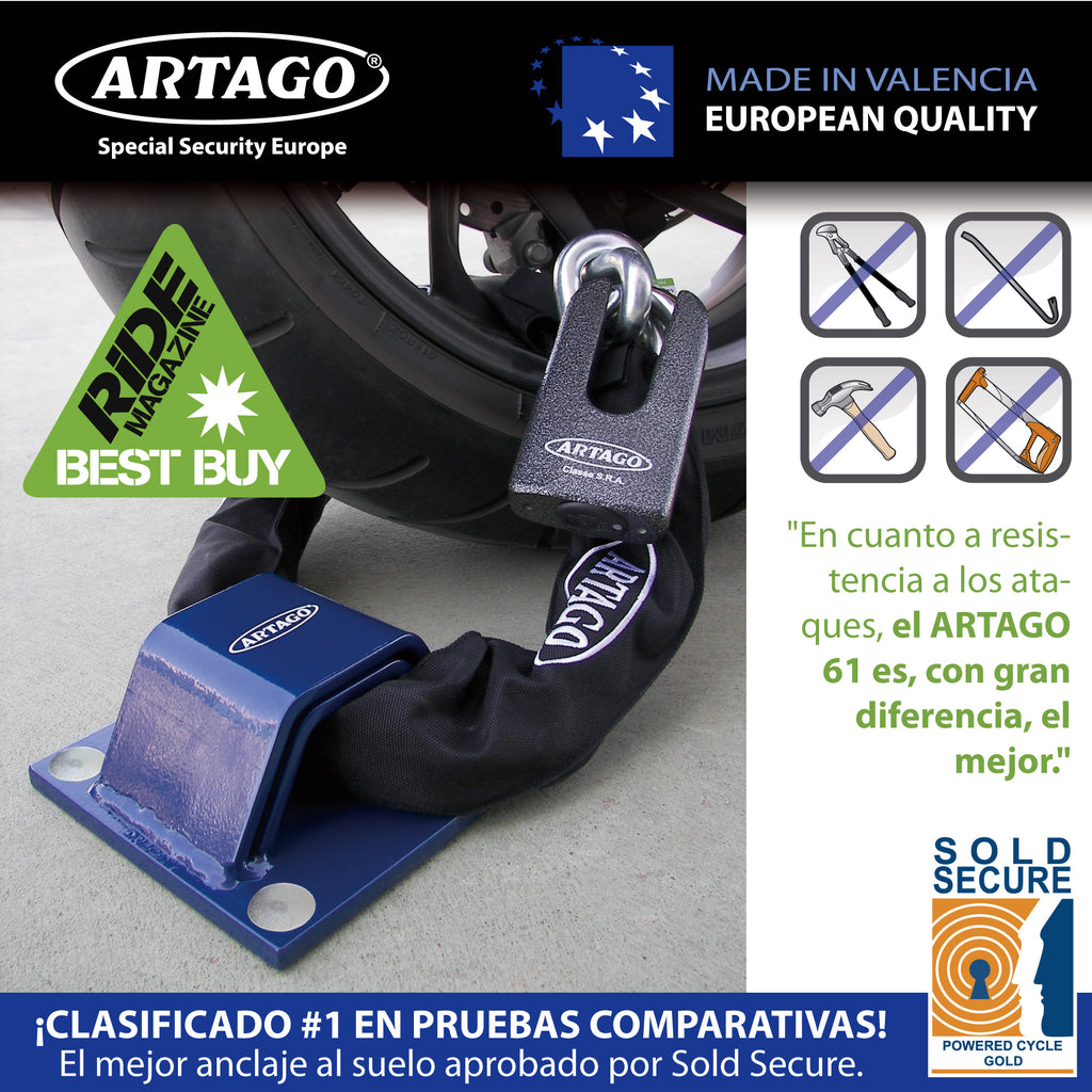 ARTAGO 61 Anclaje Seguridad Alta Gama, El Anclaje Antirrobo Moto Homologado Sold Secure Más Seguro, N1 Test Comparativo, Doble Puente Acero 6+6, Tacos Exclusivos Blindados, Suelo Pared Garaje Parking