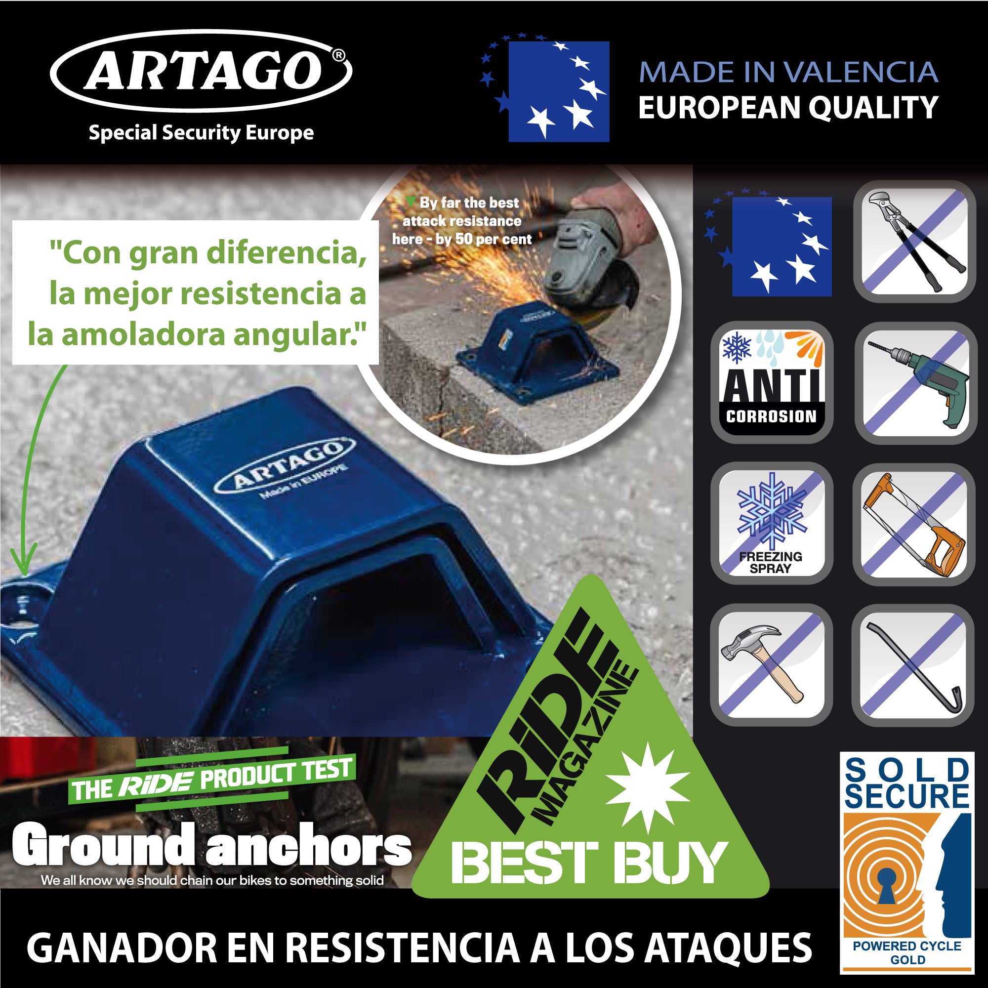 ARTAGO 61 Anclaje Seguridad Alta Gama, El Anclaje Antirrobo Moto Homologado Sold Secure Más Seguro, N1 Test Comparativo, Doble Puente Acero 6+6, Tacos Exclusivos Blindados, Suelo Pared Garaje Parking