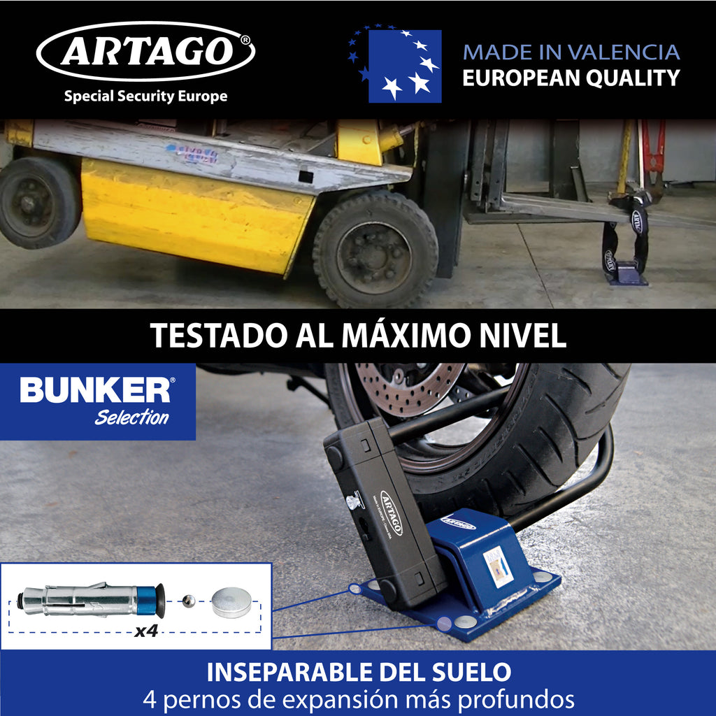 ARTAGO 61 Anclaje Seguridad Alta Gama, El Anclaje Antirrobo Moto Homologado Sold Secure Más Seguro, N1 Test Comparativo, Doble Puente Acero 6+6, Tacos Exclusivos Blindados, Suelo Pared Garaje Parking