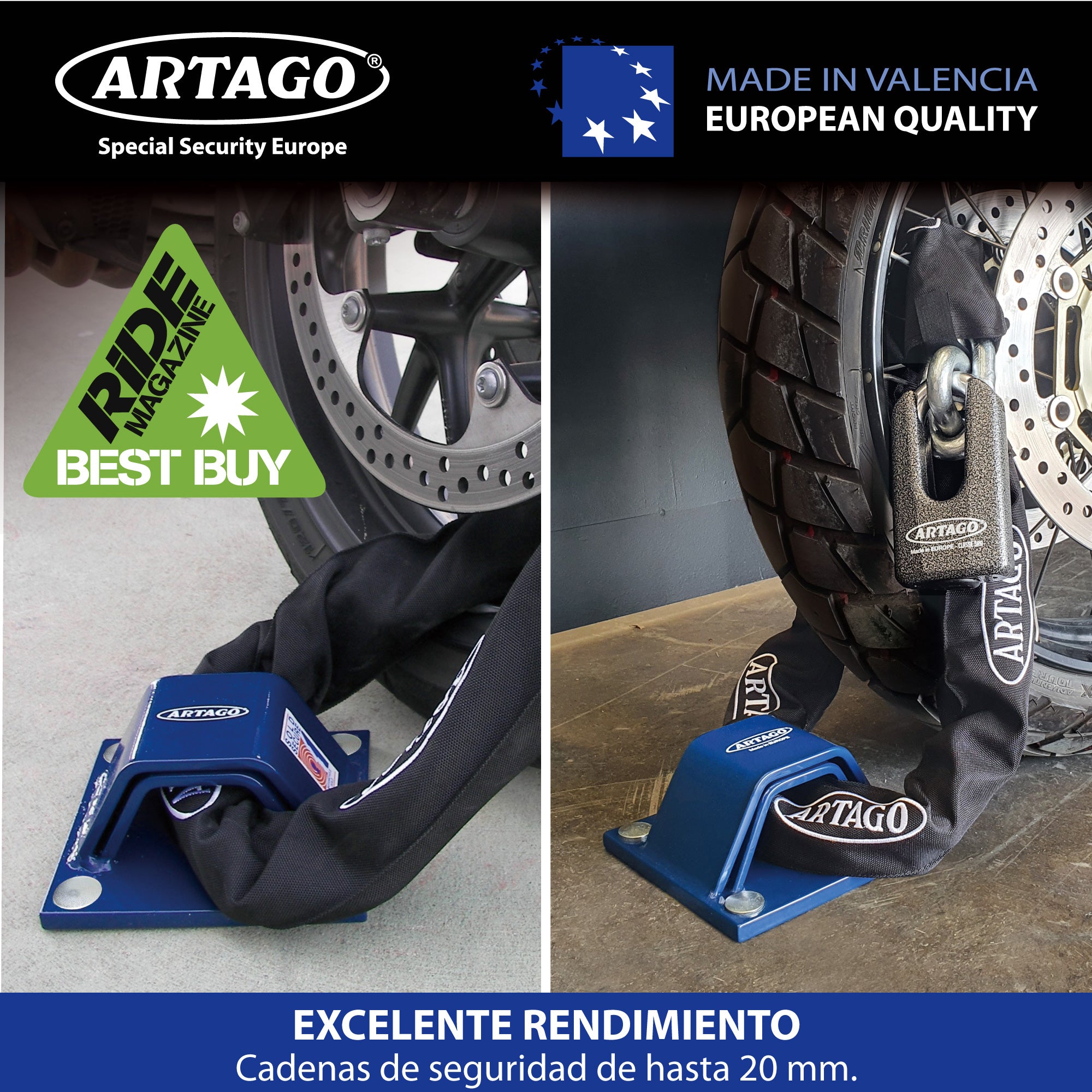 ARTAGO 61 Anclaje Seguridad Alta Gama, El Anclaje Antirrobo Moto Homologado Sold Secure Más Seguro, N1 Test Comparativo, Doble Puente Acero 6+6, Tacos Exclusivos Blindados, Suelo Pared Garaje Parking