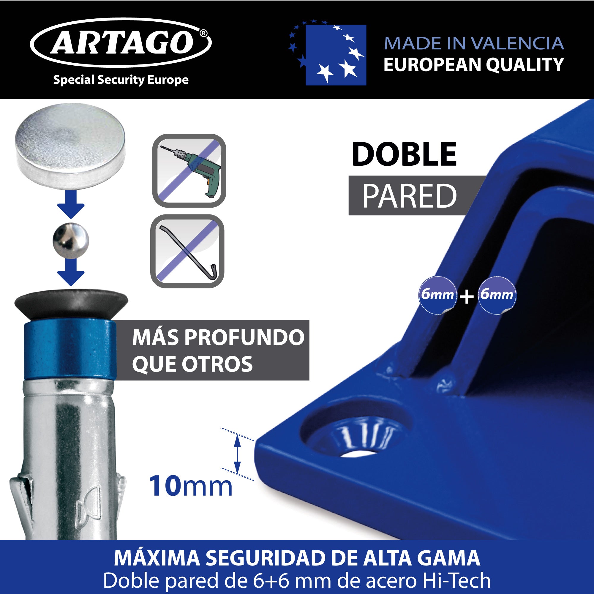 ARTAGO 61 Anclaje Seguridad Alta Gama, El Anclaje Antirrobo Moto Homologado Sold Secure Más Seguro, N1 Test Comparativo, Doble Puente Acero 6+6, Tacos Exclusivos Blindados, Suelo Pared Garaje Parking