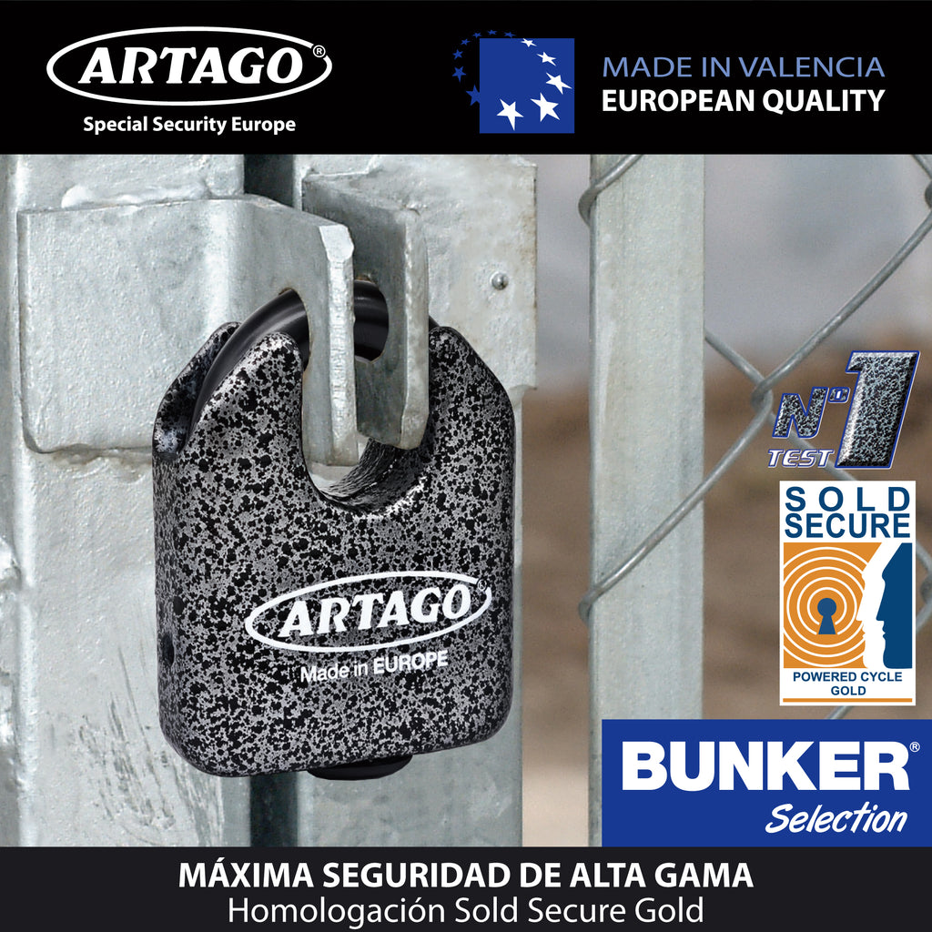 Artago 68T/B Candado Máxima Seguridad ø14mm, BUNKER SELECTION, Homologado Sold Secure Gold, Monoblok, Cerradura con Llave de Alta Seguridad, Combinable con Puerta Exterior, Cadena Grande, Contenedor