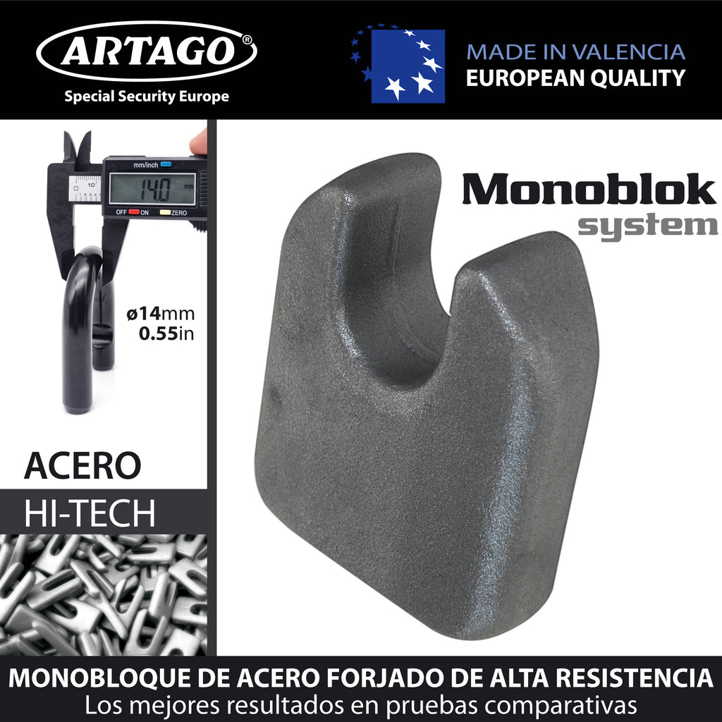 Artago 68T/B Candado Máxima Seguridad ø14mm, BUNKER SELECTION, Homologado Sold Secure Gold, Monoblok, Cerradura con Llave de Alta Seguridad, Combinable con Puerta Exterior, Cadena Grande, Contenedor