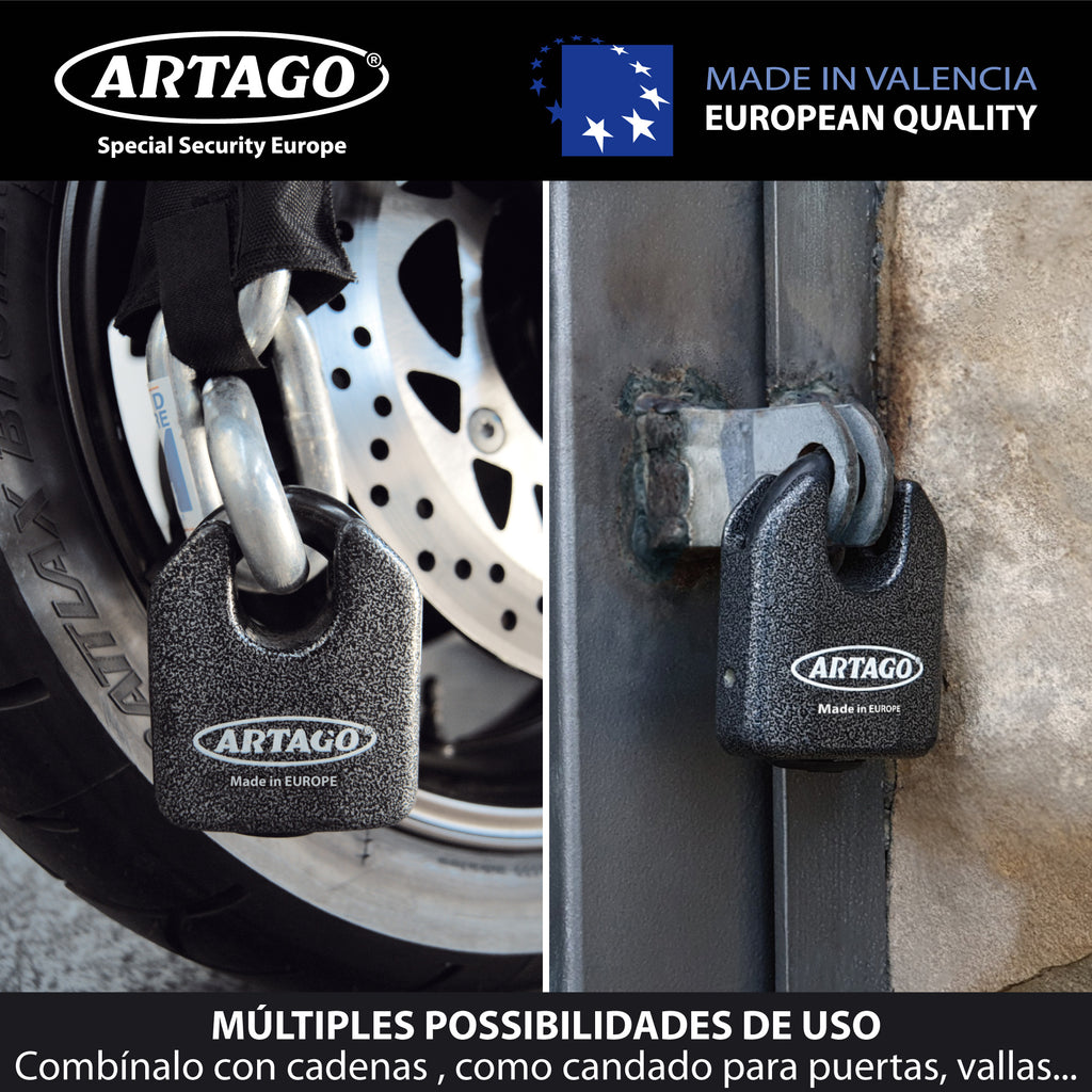 Artago 68T/B Candado Máxima Seguridad ø14mm, BUNKER SELECTION, Homologado Sold Secure Gold, Monoblok, Cerradura con Llave de Alta Seguridad, Combinable con Puerta Exterior, Cadena Grande, Contenedor