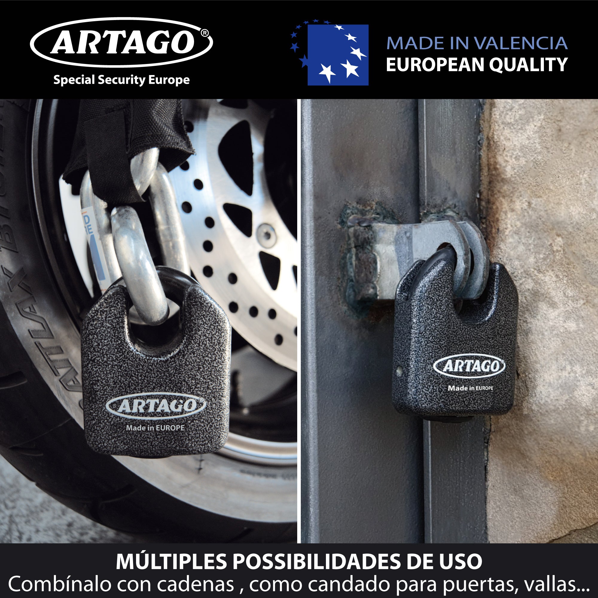 Artago 68T/B Candado Máxima Seguridad ø14mm, BUNKER SELECTION, Homologado Sold Secure Gold, Monoblok, Cerradura con Llave de Alta Seguridad, Combinable con Puerta Exterior, Cadena Grande, Contenedor