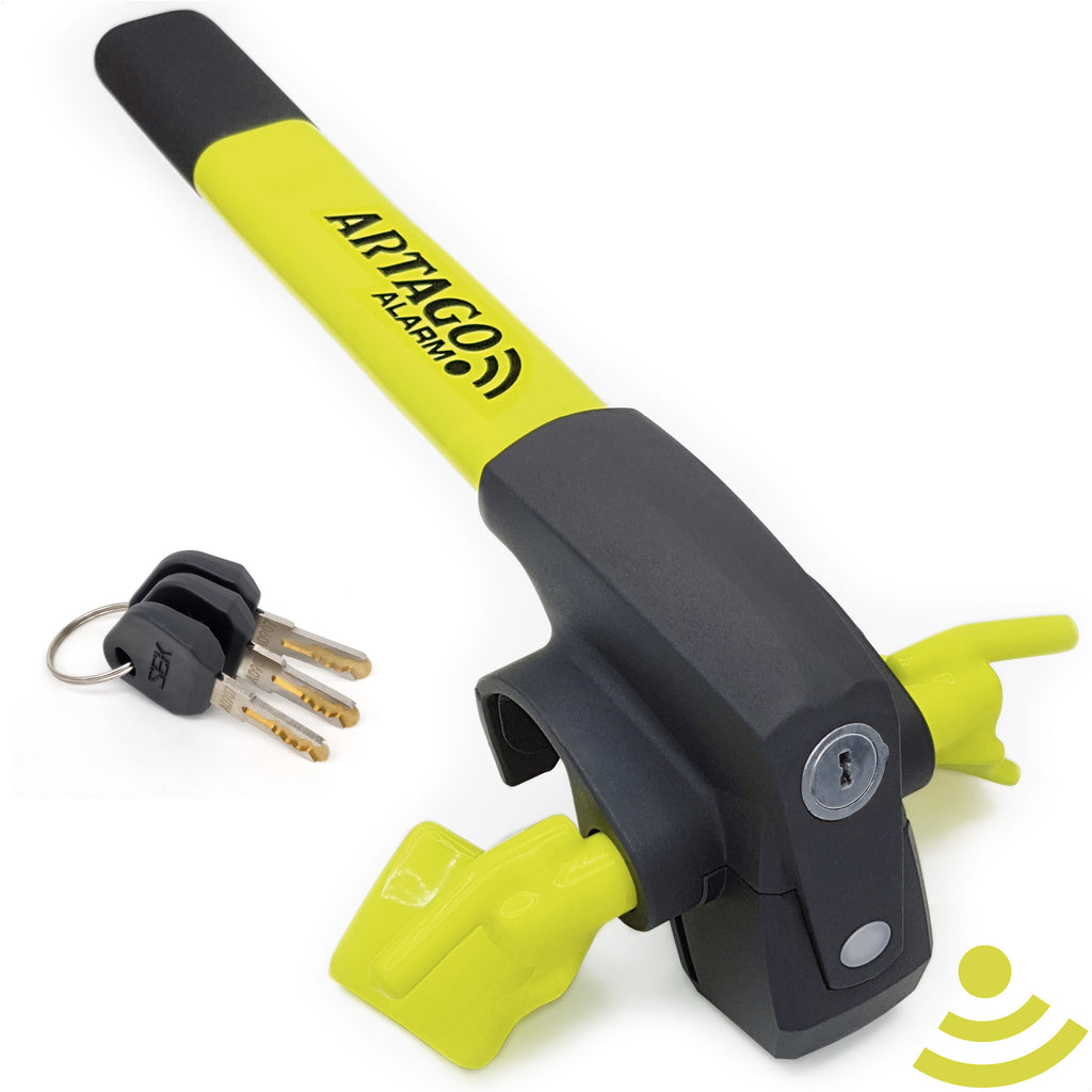 ARTAGO 870 Antirrobo Coche, Alta Gama, Barra Antirrobo 2en1 Sin/Con Alarma 120dB+LED Oscuridad, Bloqueo Volante Más Seguro y Disuasorio Alrededor Un Radio, Mejor Cepo Coche, Universal