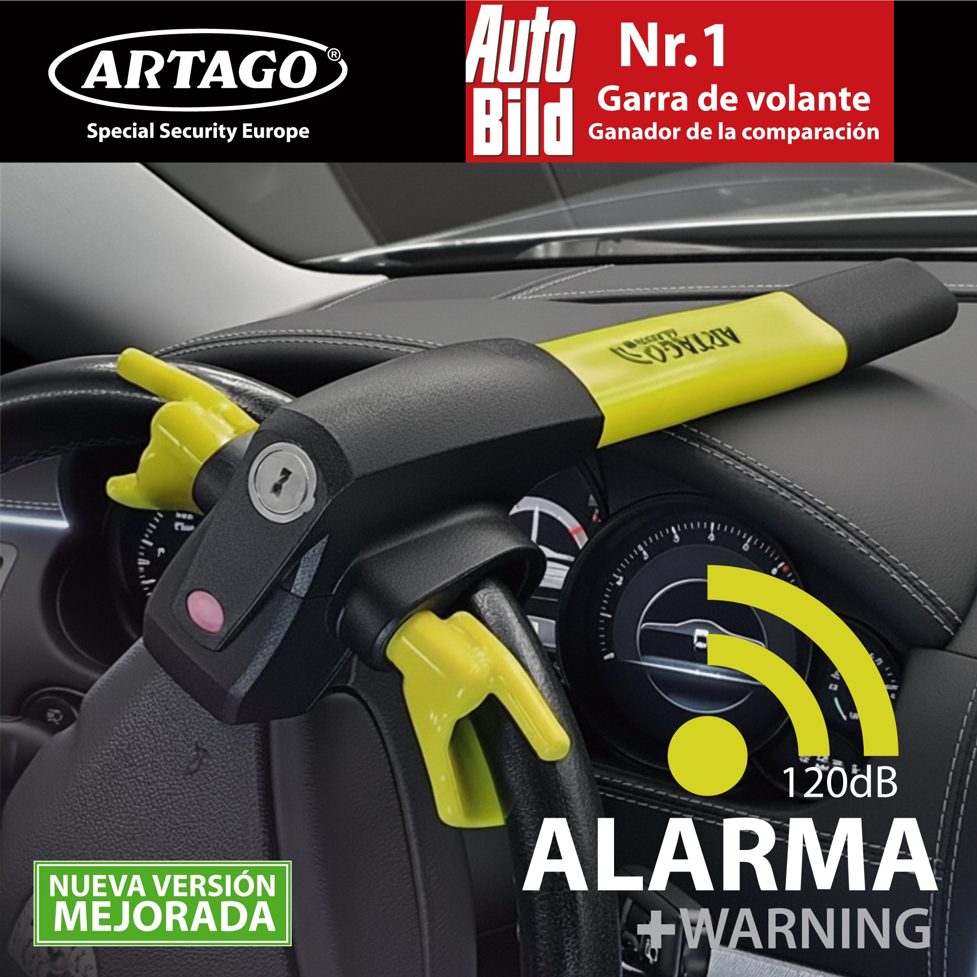 ARTAGO 870 Antirrobo Coche, Alta Gama, Barra Antirrobo 2en1 Sin/Con Alarma 120dB+LED Oscuridad, Bloqueo Volante Más Seguro y Disuasorio Alrededor Un Radio, Mejor Cepo Coche, Universal