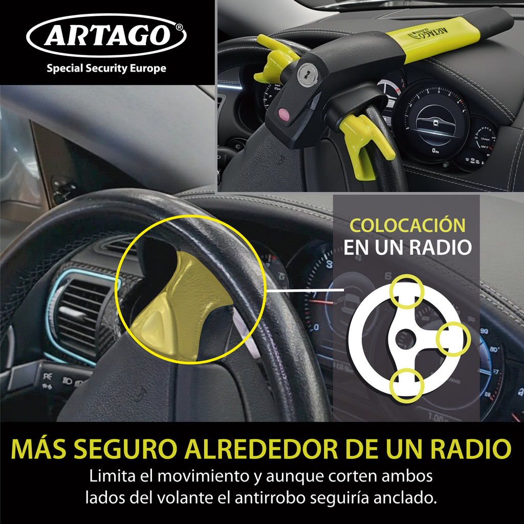 ARTAGO 870 Antirrobo Coche, Alta Gama, Barra Antirrobo 2en1 Sin/Con Alarma 120dB+LED Oscuridad, Bloqueo Volante Más Seguro y Disuasorio Alrededor Un Radio, Mejor Cepo Coche, Universal