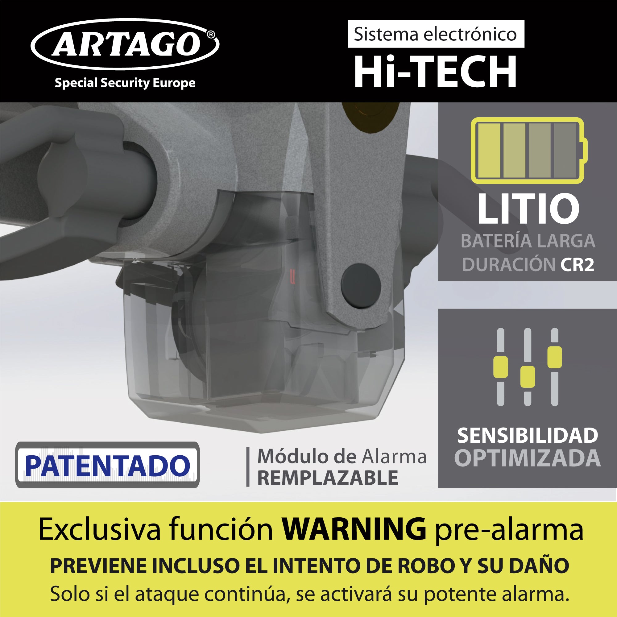 ARTAGO 870 Antirrobo Coche, Alta Gama, Barra Antirrobo 2en1 Sin/Con Alarma 120dB+LED Oscuridad, Bloqueo Volante Más Seguro y Disuasorio Alrededor Un Radio, Mejor Cepo Coche, Universal