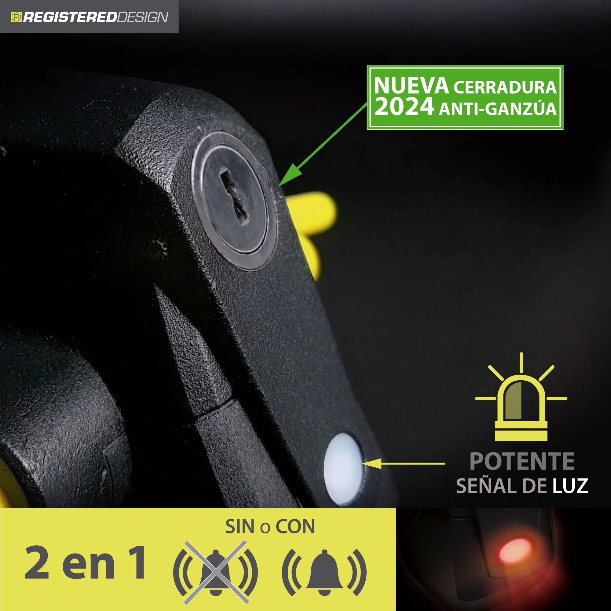 ARTAGO 870 Antirrobo Coche, Alta Gama, Barra Antirrobo 2en1 Sin/Con Alarma 120dB+LED Oscuridad, Bloqueo Volante Más Seguro y Disuasorio Alrededor Un Radio, Mejor Cepo Coche, Universal