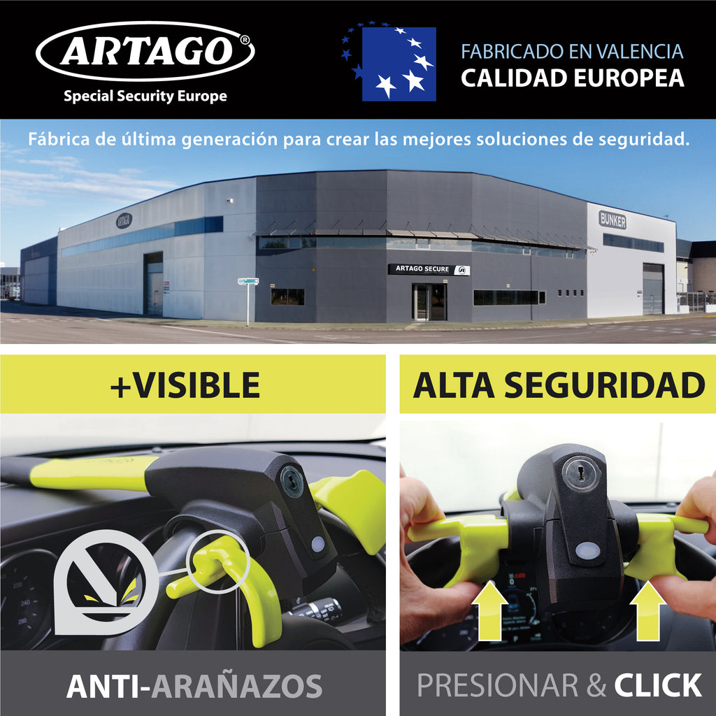 ARTAGO 870 Antirrobo Coche, Alta Gama, Barra Antirrobo 2en1 Sin/Con Alarma 120dB+LED Oscuridad, Bloqueo Volante Más Seguro y Disuasorio Alrededor Un Radio, Mejor Cepo Coche, Universal