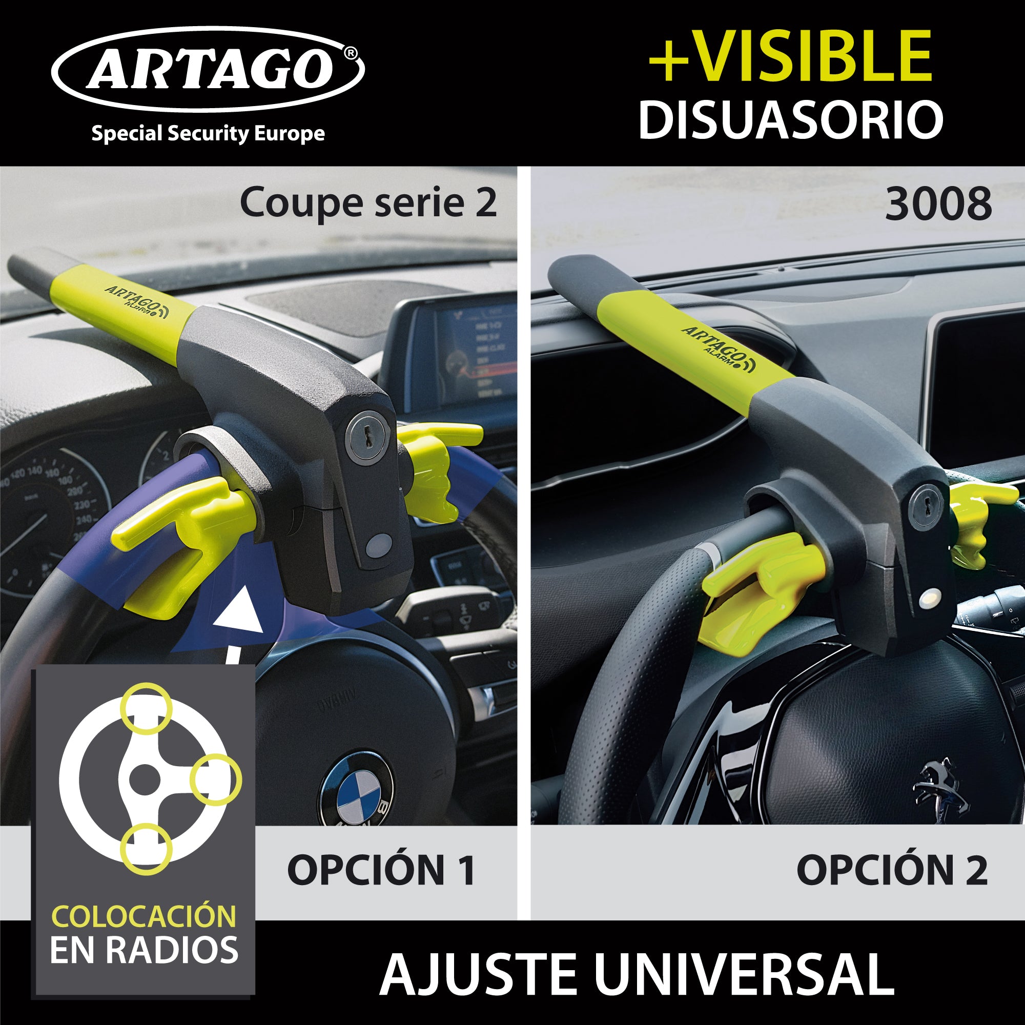 ARTAGO 870 Antirrobo Coche, Alta Gama, Barra Antirrobo 2en1 Sin/Con Alarma 120dB+LED Oscuridad, Bloqueo Volante Más Seguro y Disuasorio Alrededor Un Radio, Mejor Cepo Coche, Universal
