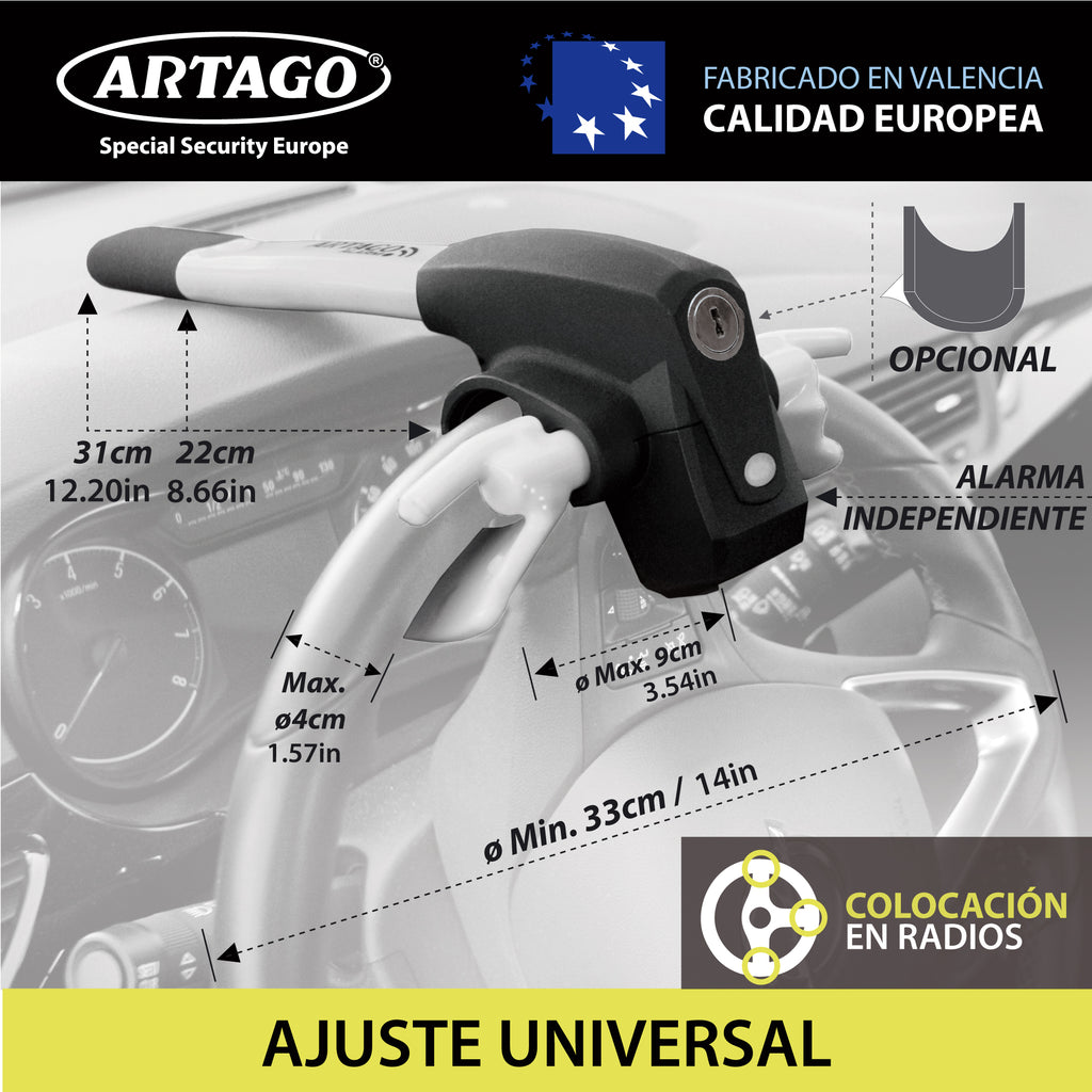 ARTAGO 870 Antirrobo Coche, Alta Gama, Barra Antirrobo 2en1 Sin/Con Alarma 120dB+LED Oscuridad, Bloqueo Volante Más Seguro y Disuasorio Alrededor Un Radio, Mejor Cepo Coche, Universal