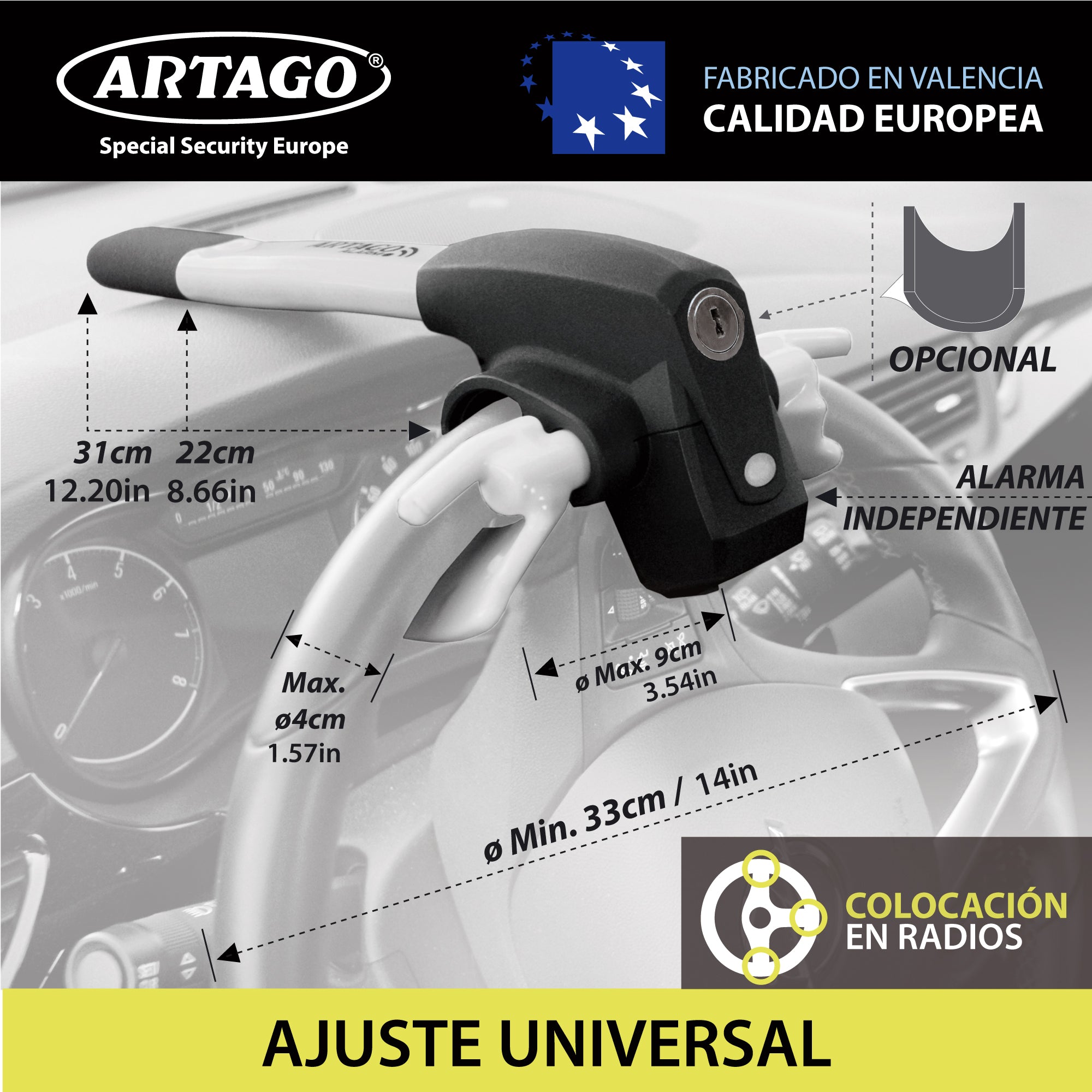 ARTAGO 870 Antirrobo Coche, Alta Gama, Barra Antirrobo 2en1 Sin/Con Alarma 120dB+LED Oscuridad, Bloqueo Volante Más Seguro y Disuasorio Alrededor Un Radio, Mejor Cepo Coche, Universal