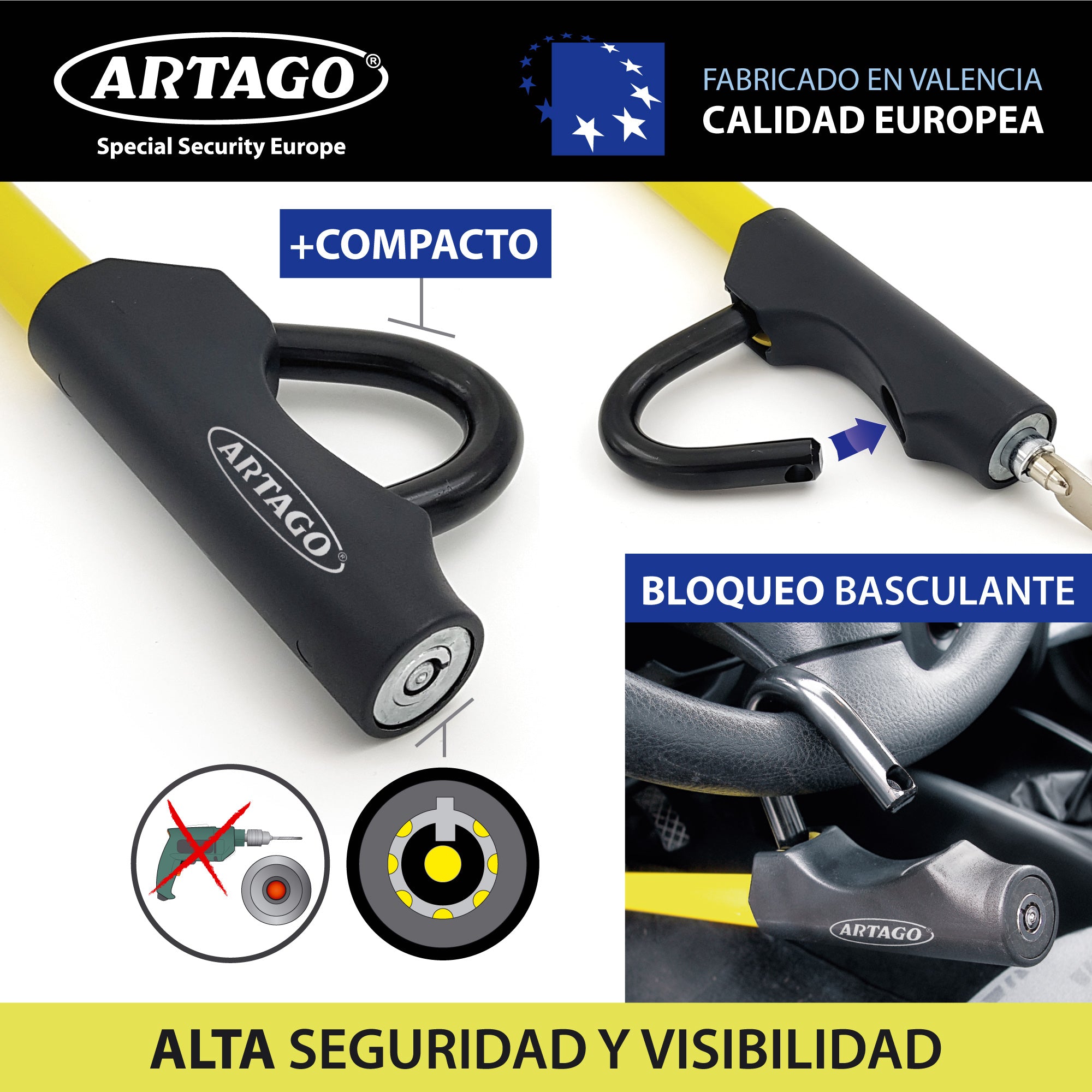 ARTAGO 871 Antirrobo Coche, Alta Gama, La Barra Bloqueo Volante Pedal Más Segura y Visible, Exclusivo Ajuste Rosca Más Preciso, Cepo Coche Universal SUV Furgoneta Autocaravana