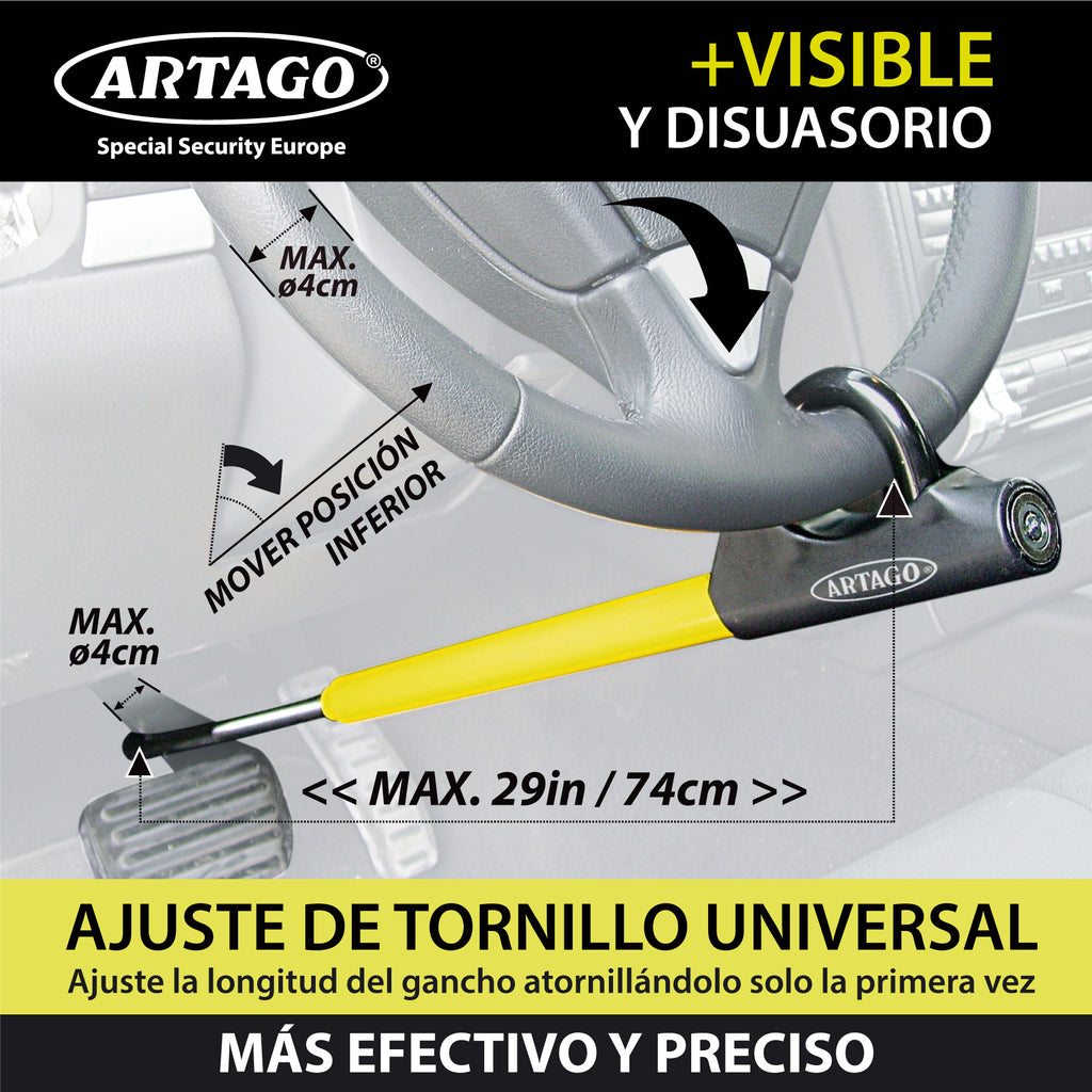 ARTAGO 871 Antirrobo Coche, Alta Gama, La Barra Bloqueo Volante Pedal Más Segura y Visible, Exclusivo Ajuste Rosca Más Preciso, Cepo Coche Universal SUV Furgoneta Autocaravana
