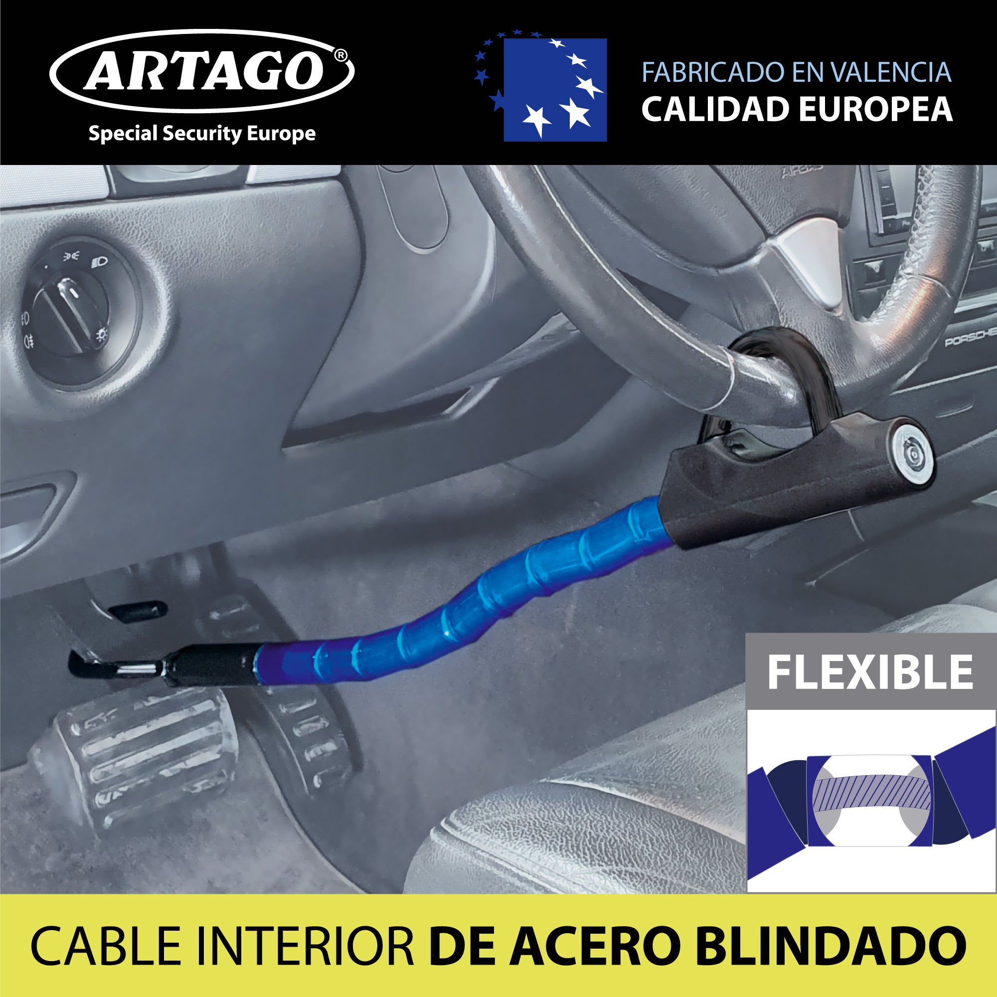 Artago 880 Antirrobo Coche Volante Pedal Flexible, Articulado Cable de Acero Blindado, Ajustable Alta seguridad, Bloqueo Inmovilizador Antirobo Freno Embrague para Auto, Furgoneta, Caravana Camper
