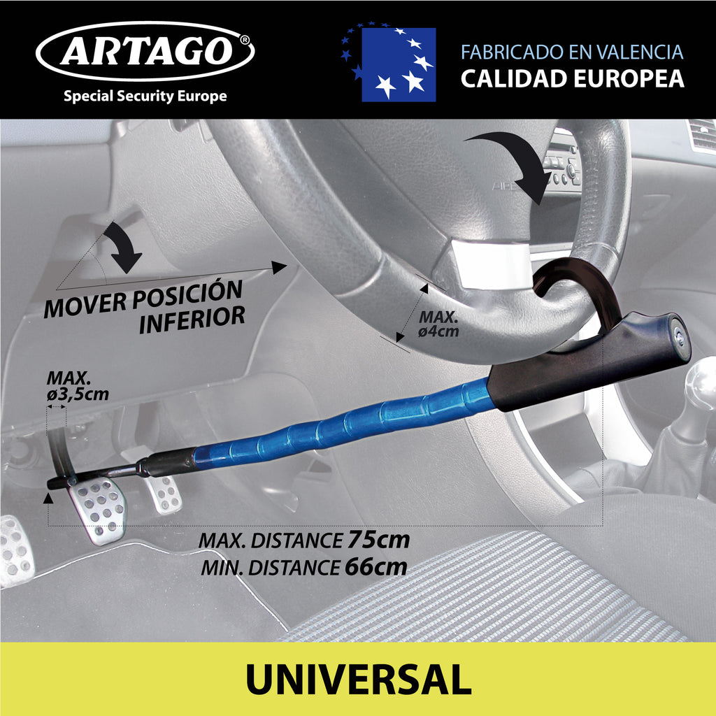 Artago 880 Antirrobo Coche Volante Pedal Flexible, Articulado Cable de Acero Blindado, Ajustable Alta seguridad, Bloqueo Inmovilizador Antirobo Freno Embrague para Auto, Furgoneta, Caravana Camper