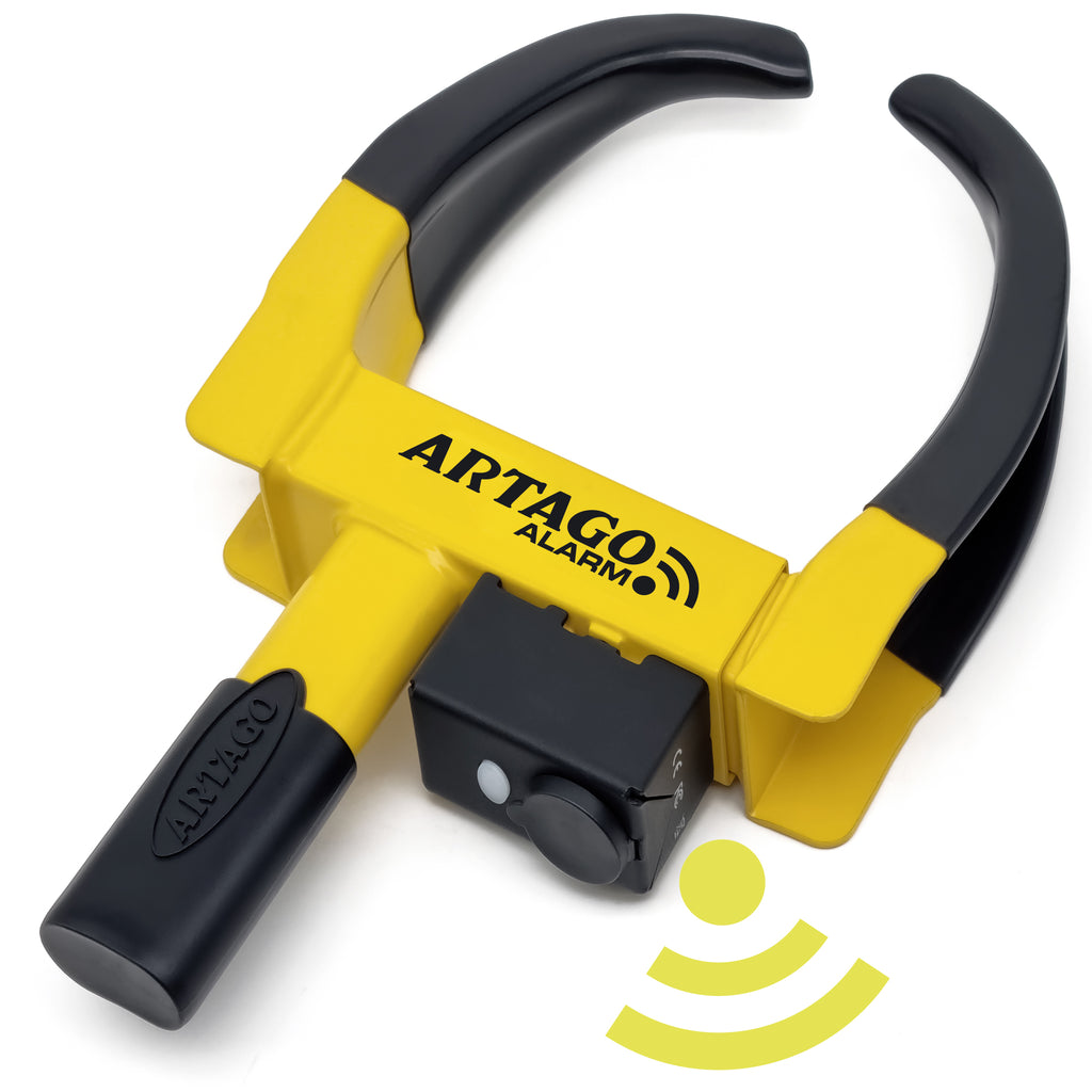 ARTAGO ART872 Cepo Rueda Con Alarma 120db, Dont Touch System, Tratamineto Antióxido, Botón ON Luz LED, Pila CR2 Larga Duración, Antirrobo Inmovilizador Auto Universal Coche Remolque Caravana Furgoneta