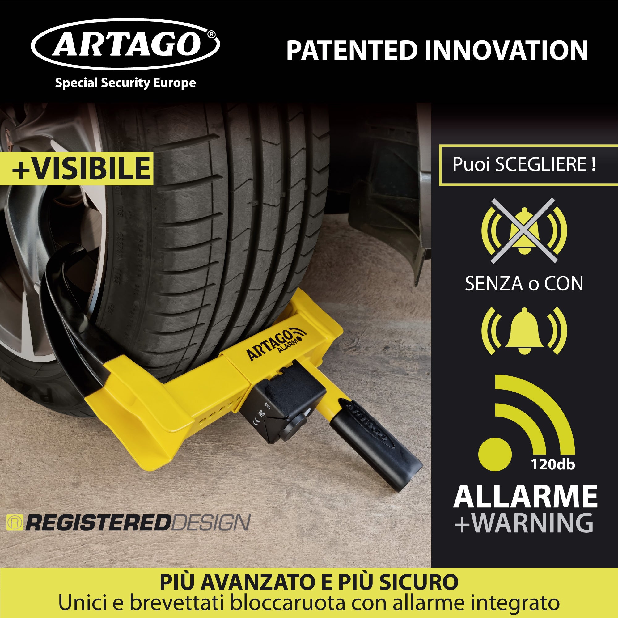 ARTAGO ART872 Cepo Rueda Con Alarma 120db, Dont Touch System, Tratamineto Antióxido, Botón ON Luz LED, Pila CR2 Larga Duración, Antirrobo Inmovilizador Auto Universal Coche Remolque Caravana Furgoneta