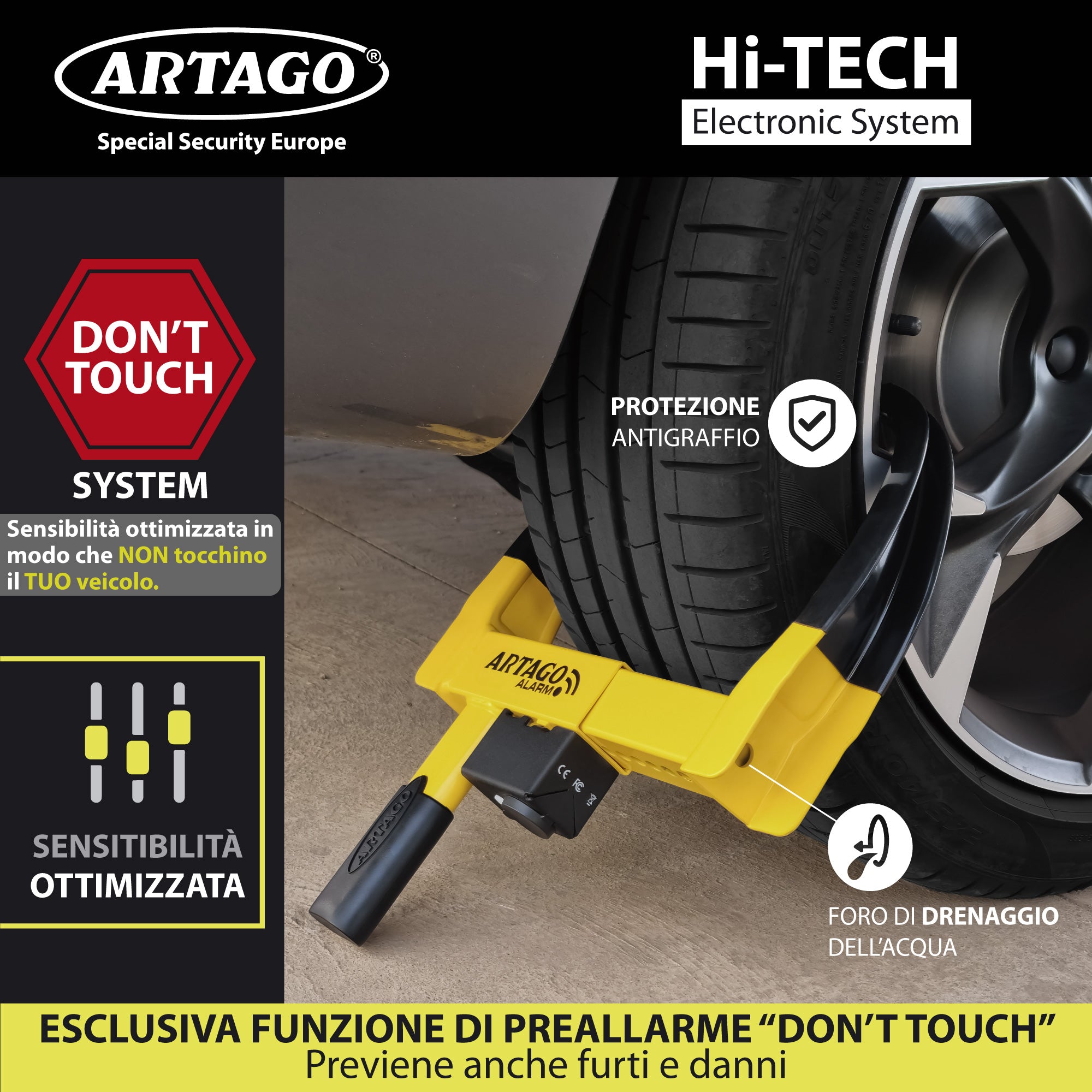 ARTAGO ART872 Cepo Rueda Con Alarma 120db, Dont Touch System, Tratamineto Antióxido, Botón ON Luz LED, Pila CR2 Larga Duración, Antirrobo Inmovilizador Auto Universal Coche Remolque Caravana Furgoneta