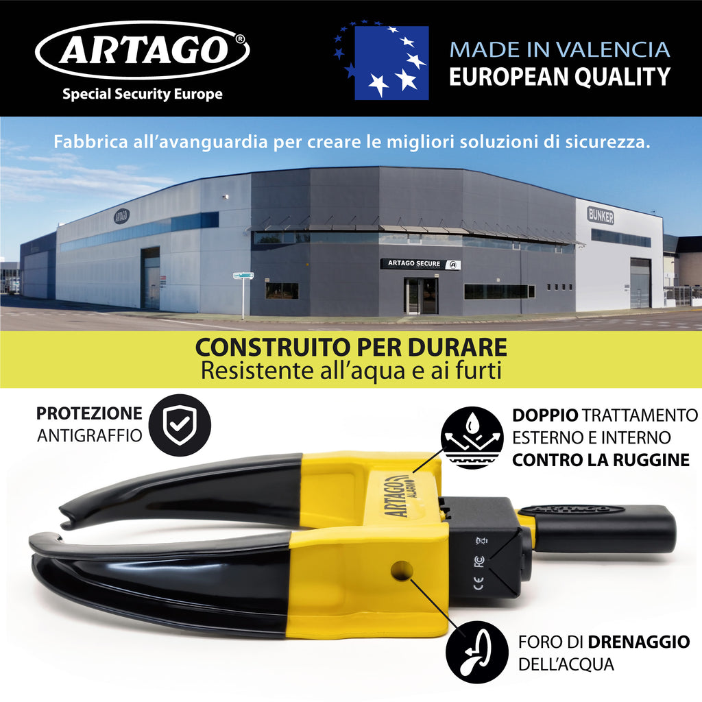 ARTAGO ART872 Cepo Rueda Con Alarma 120db, Dont Touch System, Tratamineto Antióxido, Botón ON Luz LED, Pila CR2 Larga Duración, Antirrobo Inmovilizador Auto Universal Coche Remolque Caravana Furgoneta