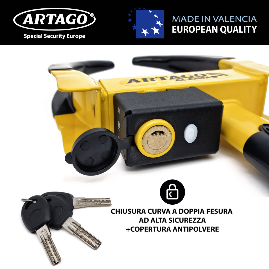 ARTAGO ART872 Cepo Rueda Con Alarma 120db, Dont Touch System, Tratamineto Antióxido, Botón ON Luz LED, Pila CR2 Larga Duración, Antirrobo Inmovilizador Auto Universal Coche Remolque Caravana Furgoneta