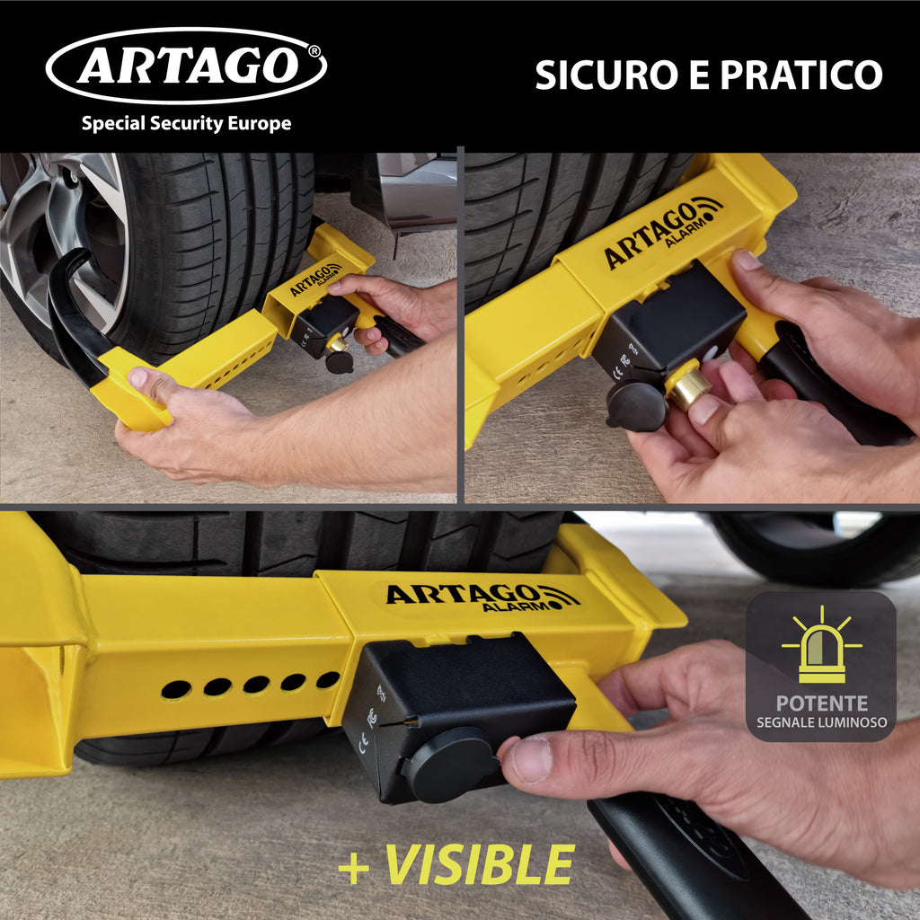 ARTAGO ART872 Cepo Rueda Con Alarma 120db, Dont Touch System, Tratamineto Antióxido, Botón ON Luz LED, Pila CR2 Larga Duración, Antirrobo Inmovilizador Auto Universal Coche Remolque Caravana Furgoneta
