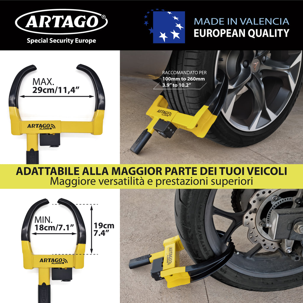 ARTAGO ART872 Cepo Rueda Con Alarma 120db, Dont Touch System, Tratamineto Antióxido, Botón ON Luz LED, Pila CR2 Larga Duración, Antirrobo Inmovilizador Auto Universal Coche Remolque Caravana Furgoneta