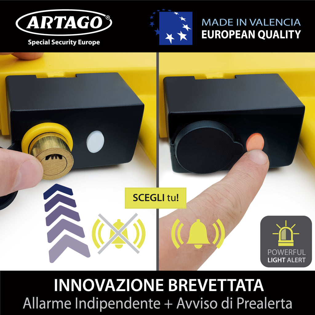 ARTAGO ART872 Cepo Rueda Con Alarma 120db, Dont Touch System, Tratamineto Antióxido, Botón ON Luz LED, Pila CR2 Larga Duración, Antirrobo Inmovilizador Auto Universal Coche Remolque Caravana Furgoneta
