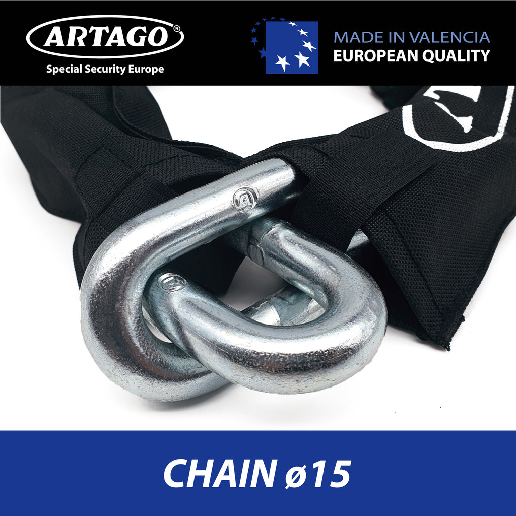 Artago 14.100 Cadena Antirrobo Moto Alta Gama, Maxima Seguridad Homologada Sold Secure Gold, BUNKER SELECTION ø15mm 100cm, Recubrimiento Nylon Antiarañazos, Antirobo para Motocicleta, Anclaje Parking