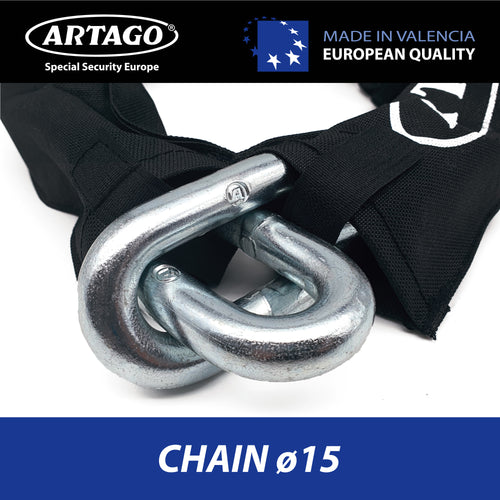 Artago 14.100 Cadena Antirrobo Moto Alta Gama, Maxima Seguridad Homologada Sold Secure Gold, BUNKER SELECTION ø15mm 100cm, Recubrimiento Nylon Antiarañazos, Antirobo para Motocicleta, Anclaje Parking